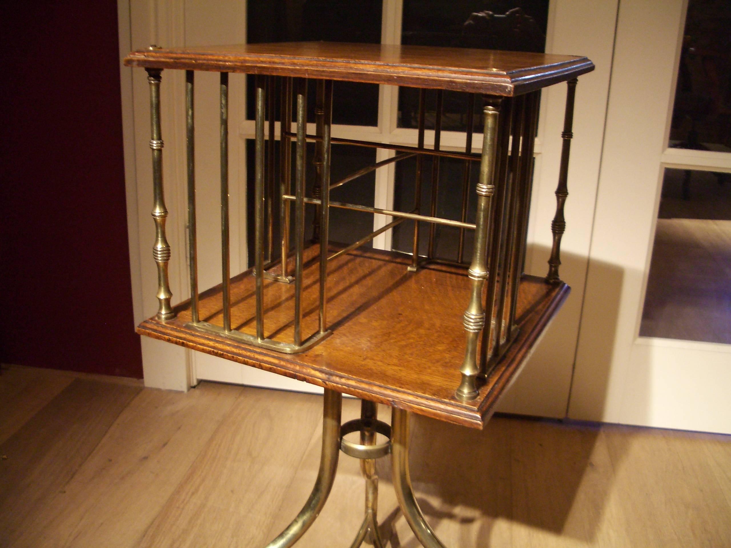 Brass 19th Century Small Oak Revolving Bookcase on Stand