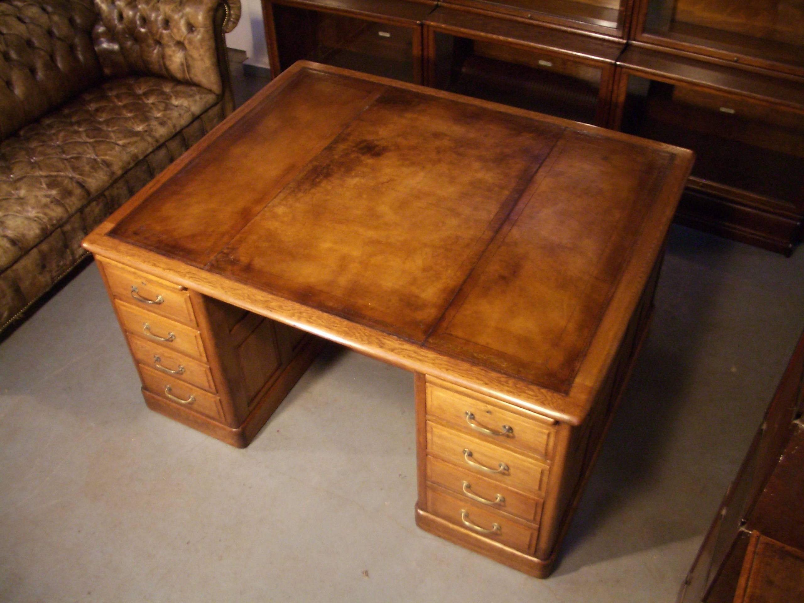 19th Century Antique Oak Partners Desk with Leather Top 2