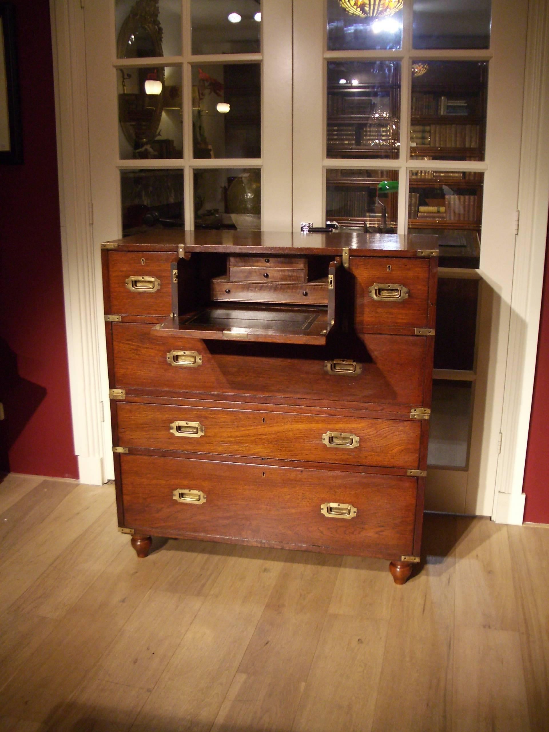 Victorian teak secretaire military chest
Here we have a fine military chest with a secretaire drawer. The chest is made in two sections for the ease of transportation, either by sea or pack horse and mule.
This particular chest would have been
