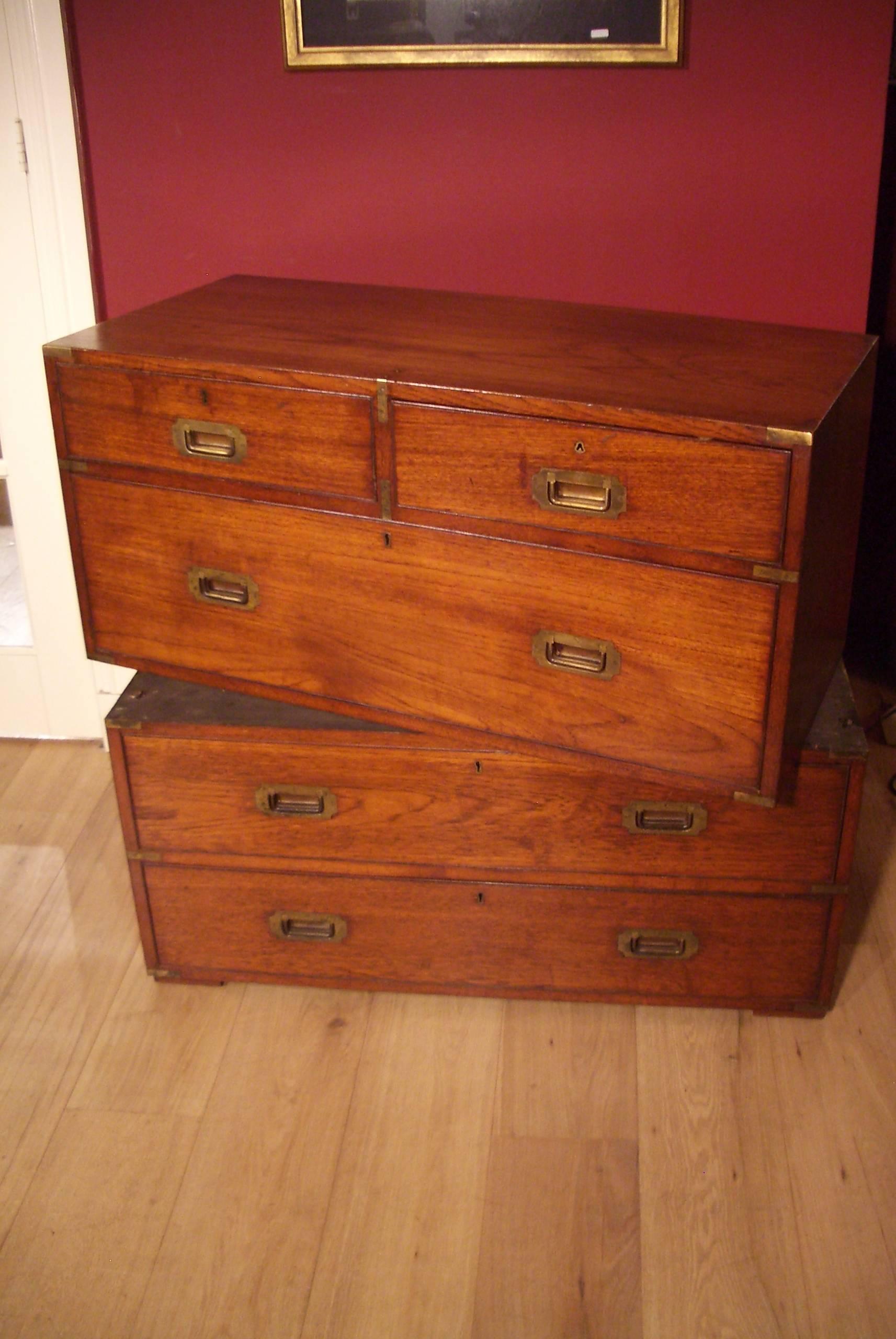 19th Century Teak Wooden Victorian Campaign Chest of Drawers 4