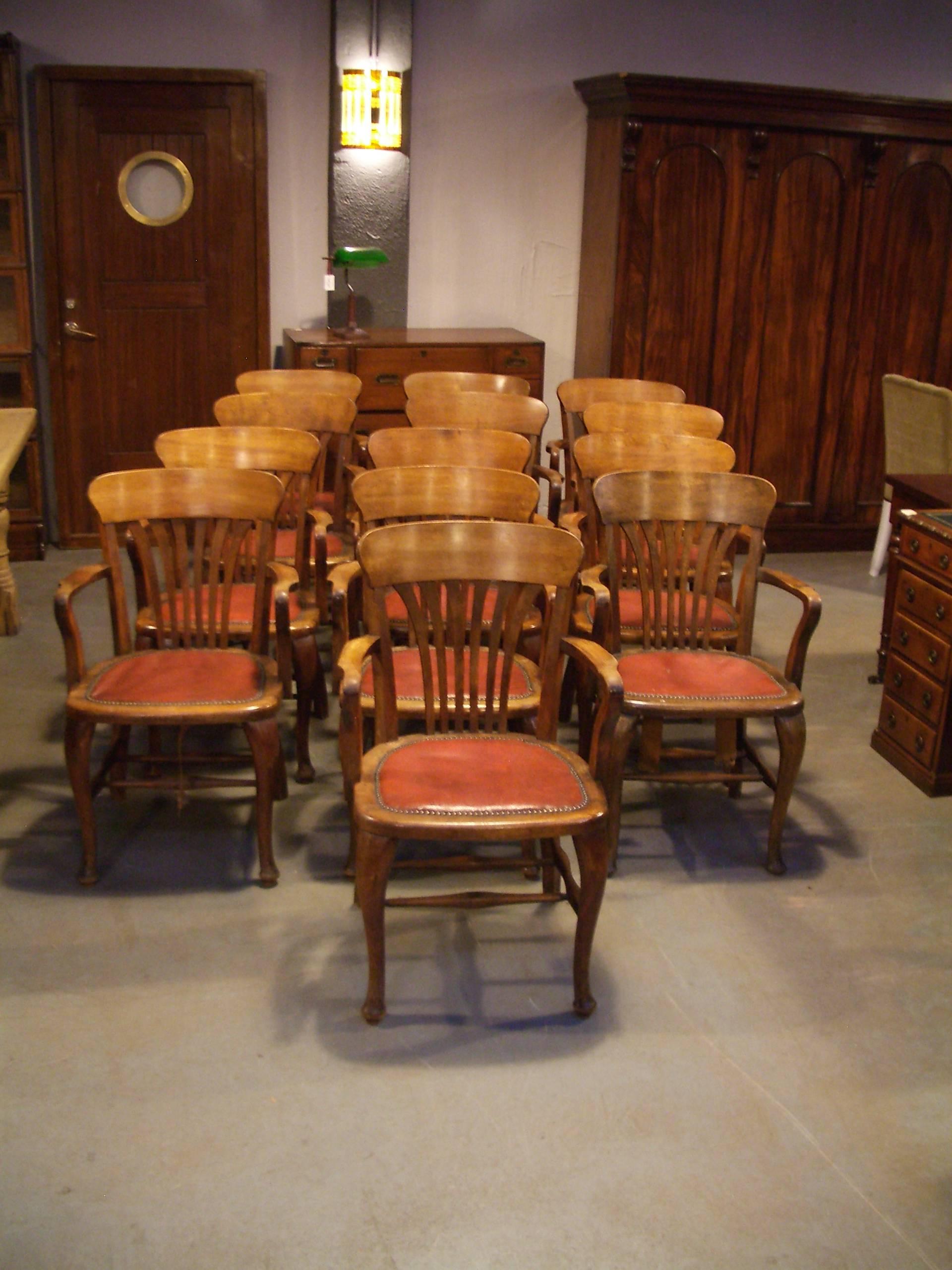 Unique set of 13 mahogany office chairs, good to use for a meeting table or as dining chairs.

Price for the complete set is € 5,500.00 incl. waxing and restoring the original upholstery

Origin: England

Period; 1900-1920.

 