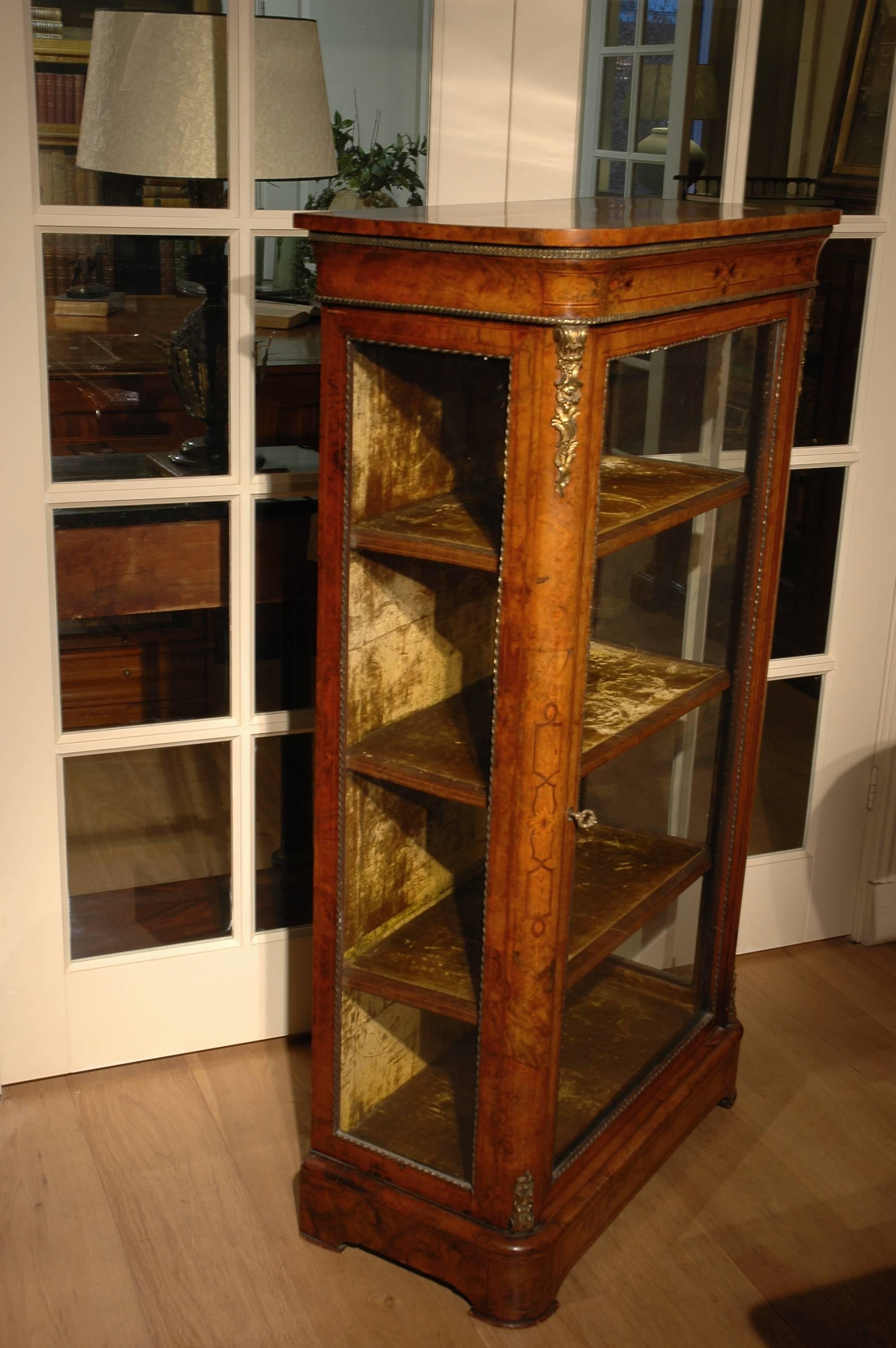 British 19th Century Victorian Burr Walnut and Marquetry Pier / Dispaly Cabinet