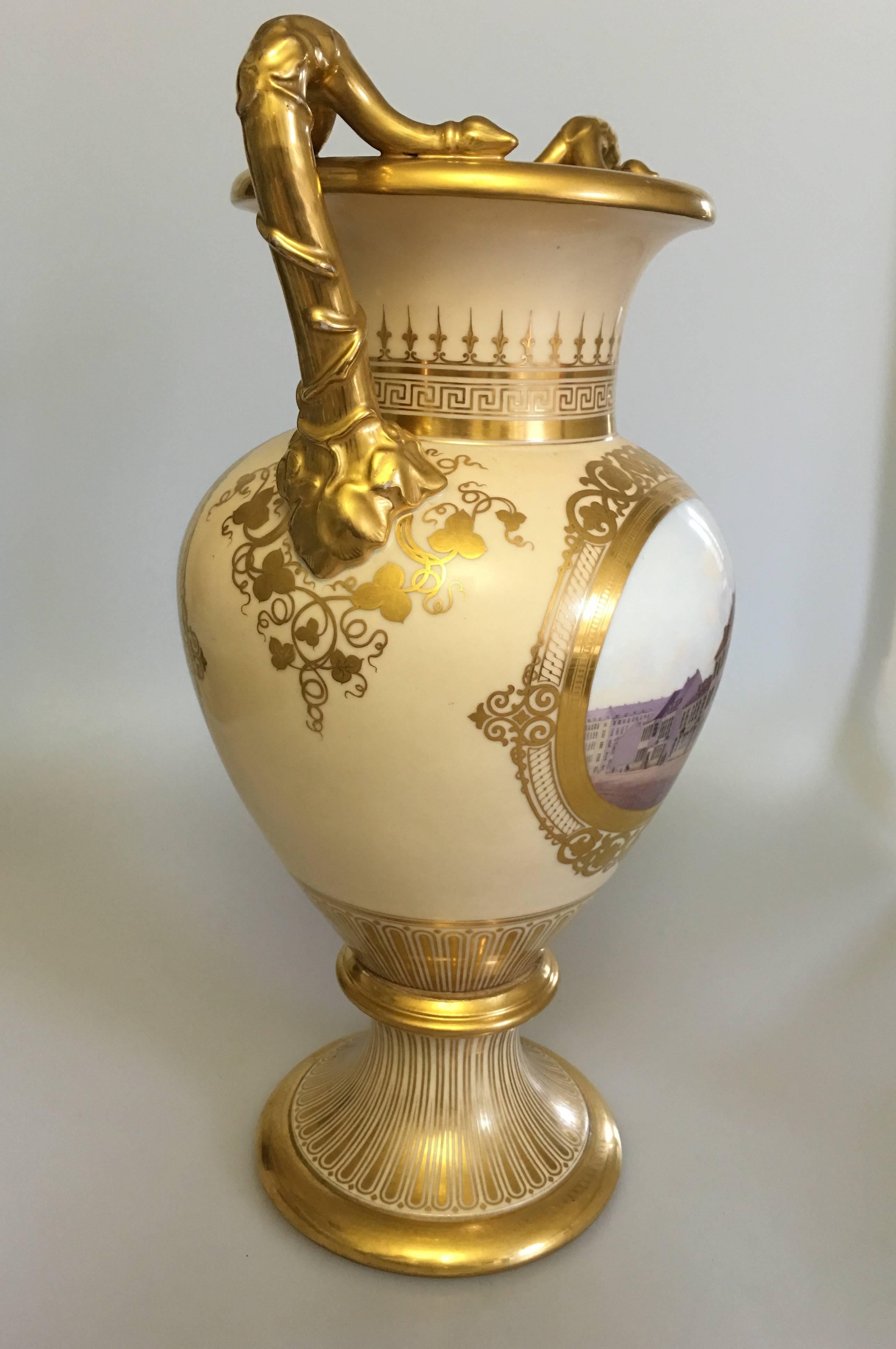 Large Bing & Grondahl Ornamental Two Handled Vase in Porcelain from around 1860-1880. With motifs of Copenhagen and the Danish Countryside flanked by gold patterns. 

