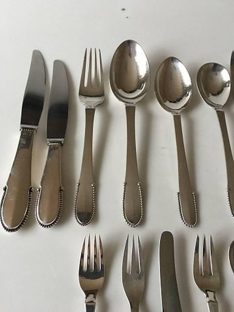 Danish Georg Jensen Sterling Silver Beaded Flatware Set for Four Persons, 56 Pieces For Sale
