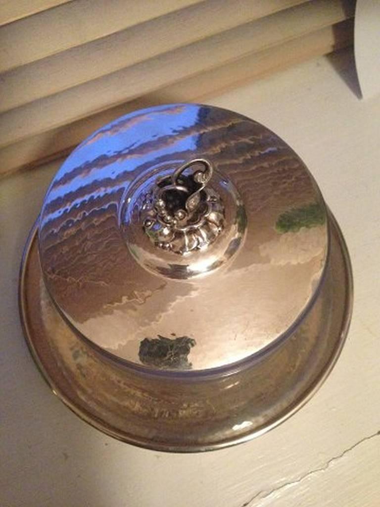 Georg Jensen sterling silver and glass caviar bowl with lid and tray #610. Tray measures 15.8cm, lid 11cm and 10.5cm high.
