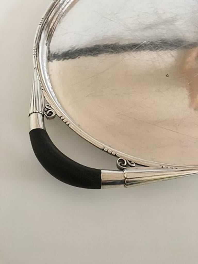 Art Deco Georg Jensen Oval Sterling Silver Serving Tray No. 251C with Wooden Handles For Sale