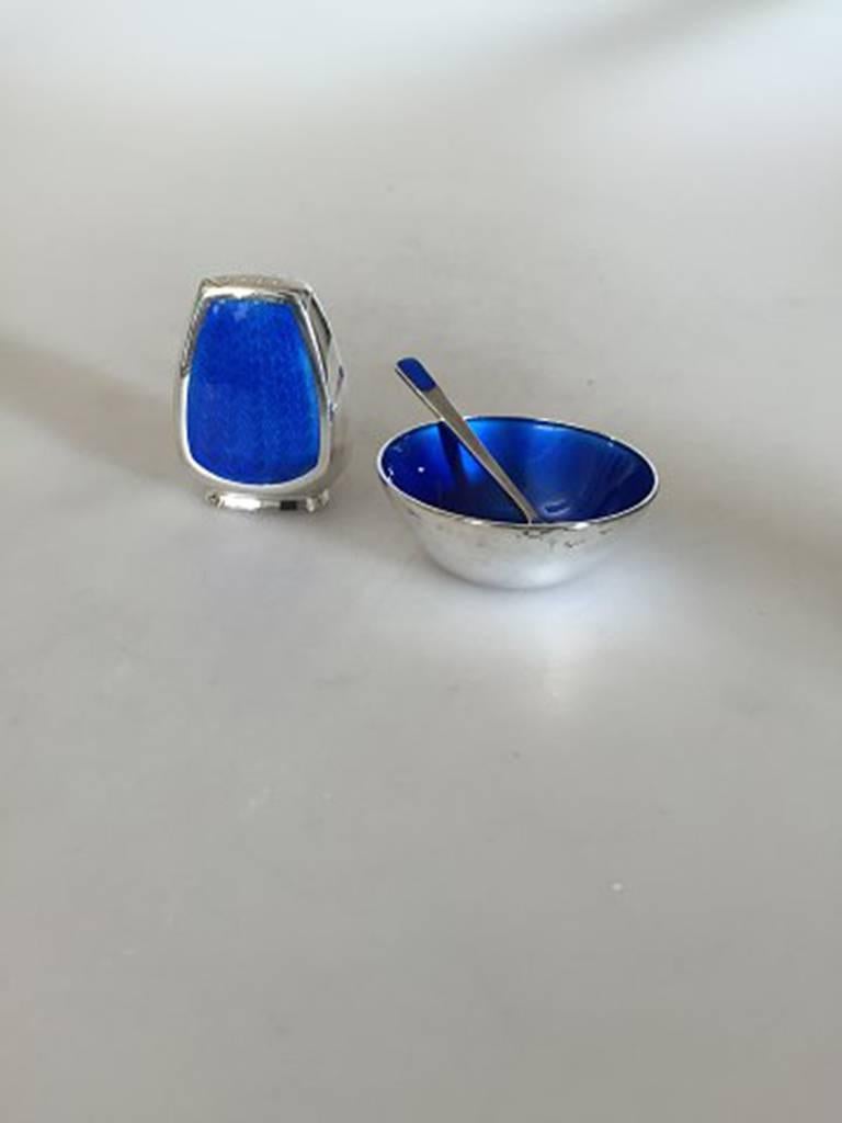 Scandinavian Modern Anton Michelsen Salt and Pepper Set in Sterling Silver with Blue Enamel