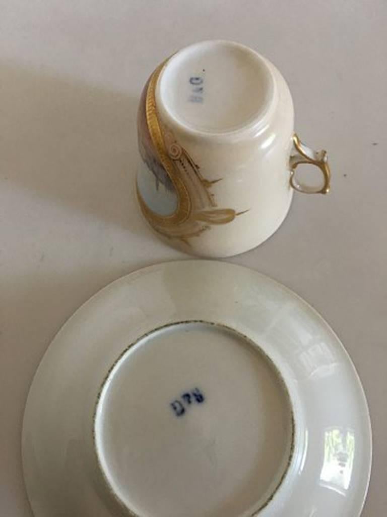 Danish Bing & Grondahl Early Cup, Motif, the Exchange with Saucer and Royal Monogram For Sale