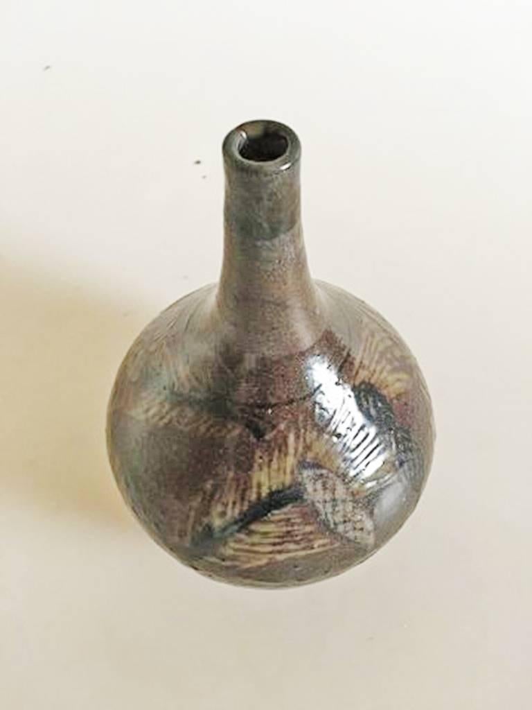 Bing & Grondahl Cathinka Olsen stoneware vase #C44. 20 cm H (7 7/8 in). Has a repair on the neck, difficult to see.