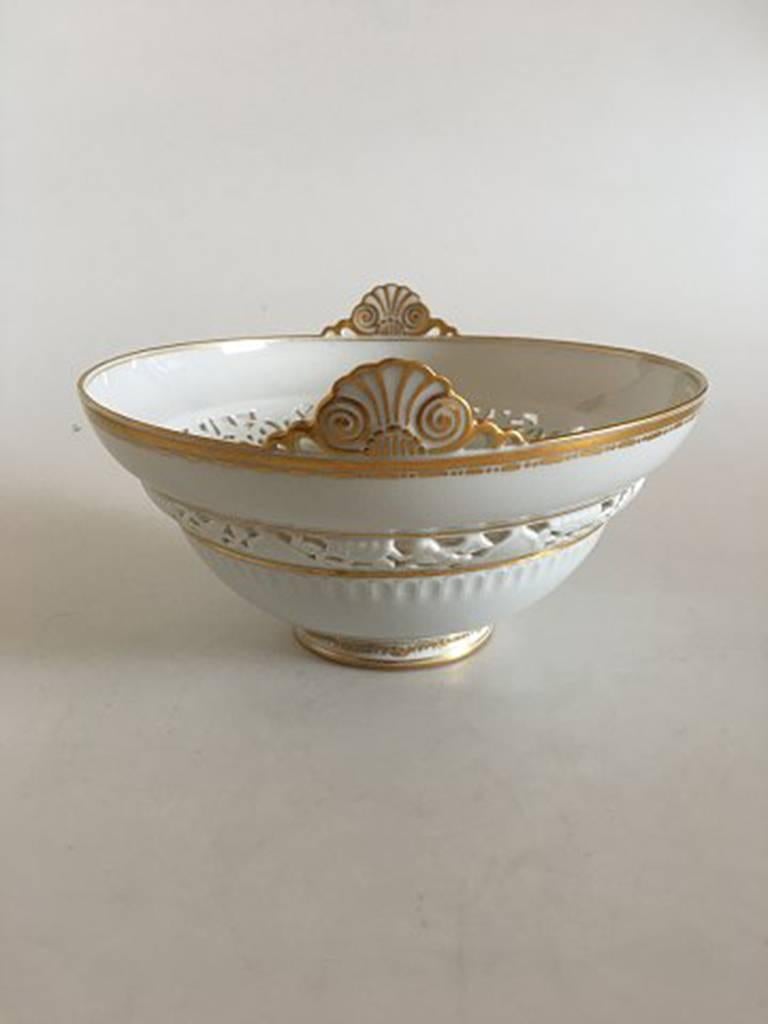 Royal Copenhagen Art Nouveau bowl with piercing flowers #1512. Measures 23 cm x 12 cm and is in perfect condition.