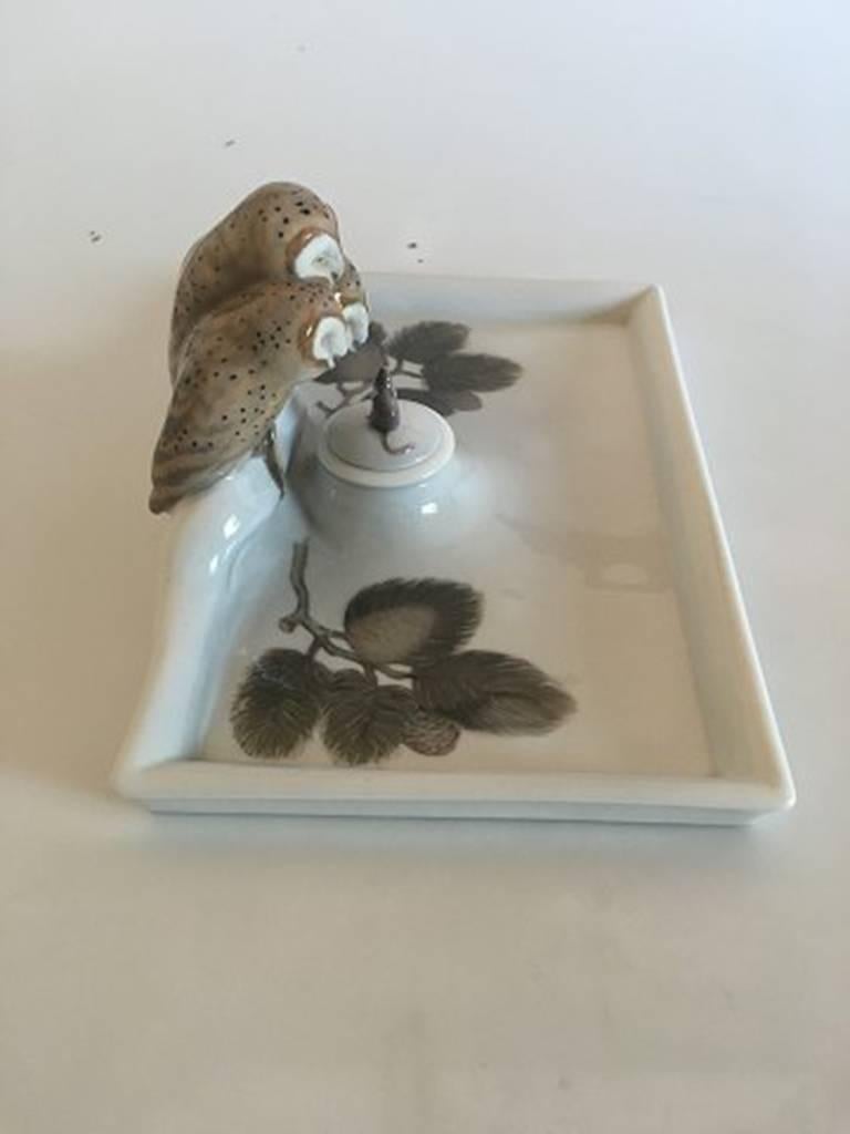 Early 20th Century Royal Copenhagen Art Nouveau Inkwell Set with Three Owls and One Mouse