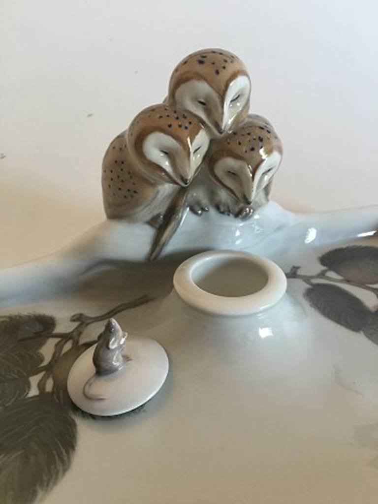 Porcelain Royal Copenhagen Art Nouveau Inkwell Set with Three Owls and One Mouse