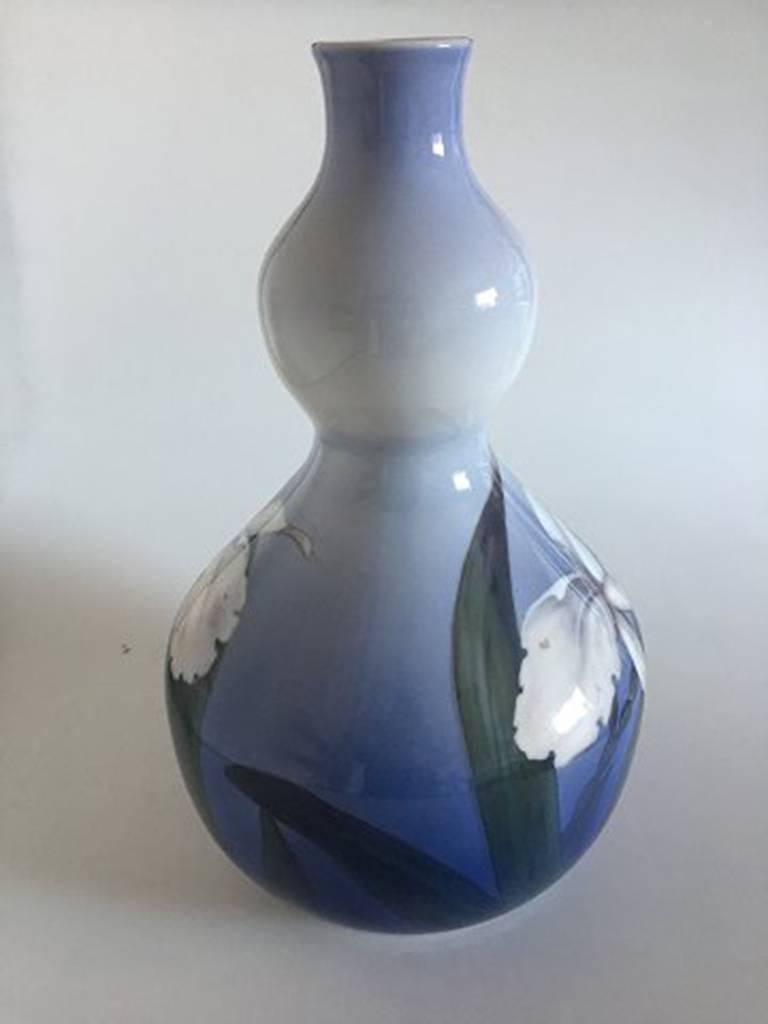 Large Royal Copenhagen Art Nouveau gourd shaped vase #2348/2401. Measures 42 cm high and is in good condition, except it has been drilled as a lamp.