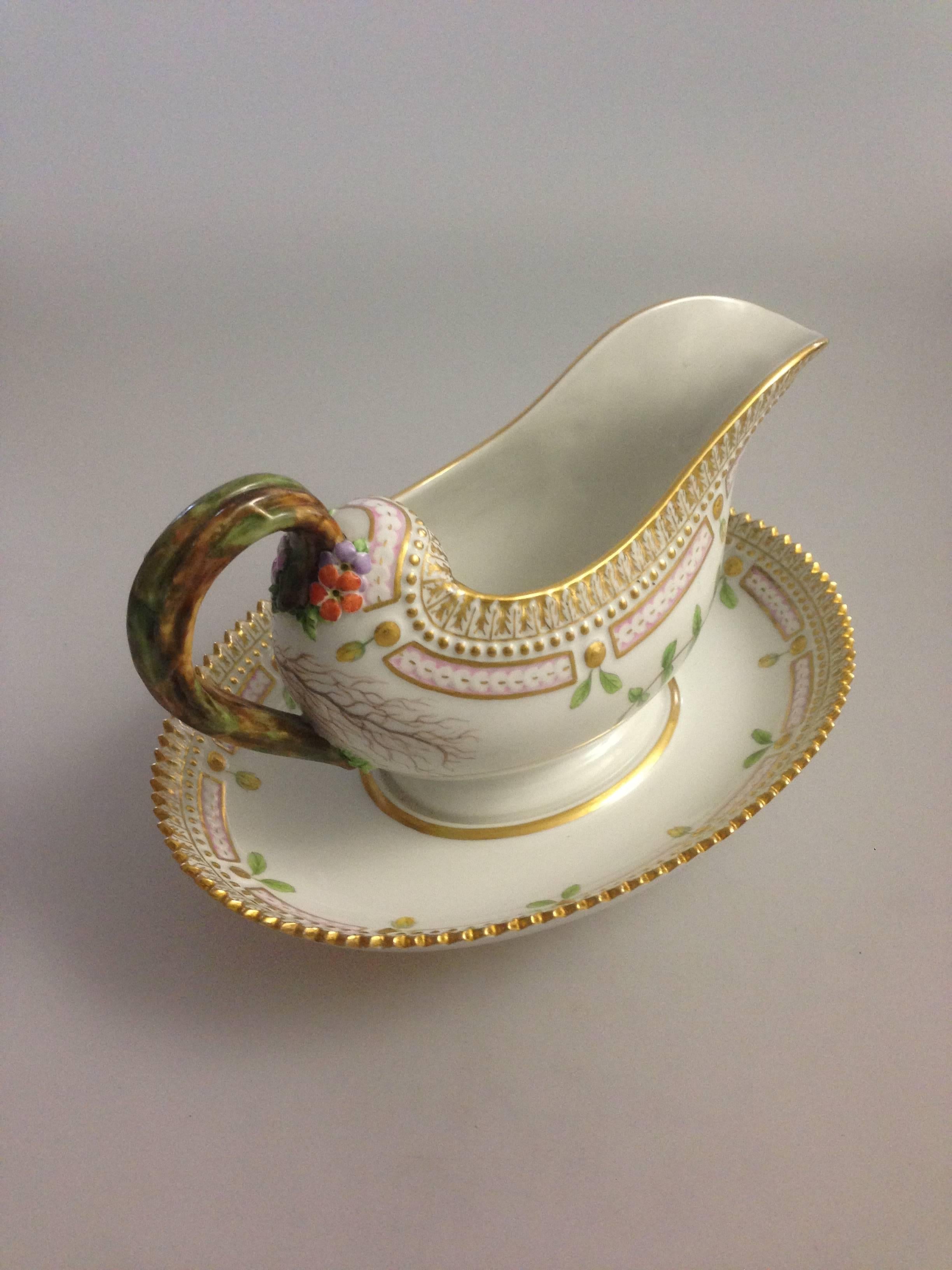 Hand-Painted Royal Copenhagen Flora Danica Gravy Boat with Attached Underplate