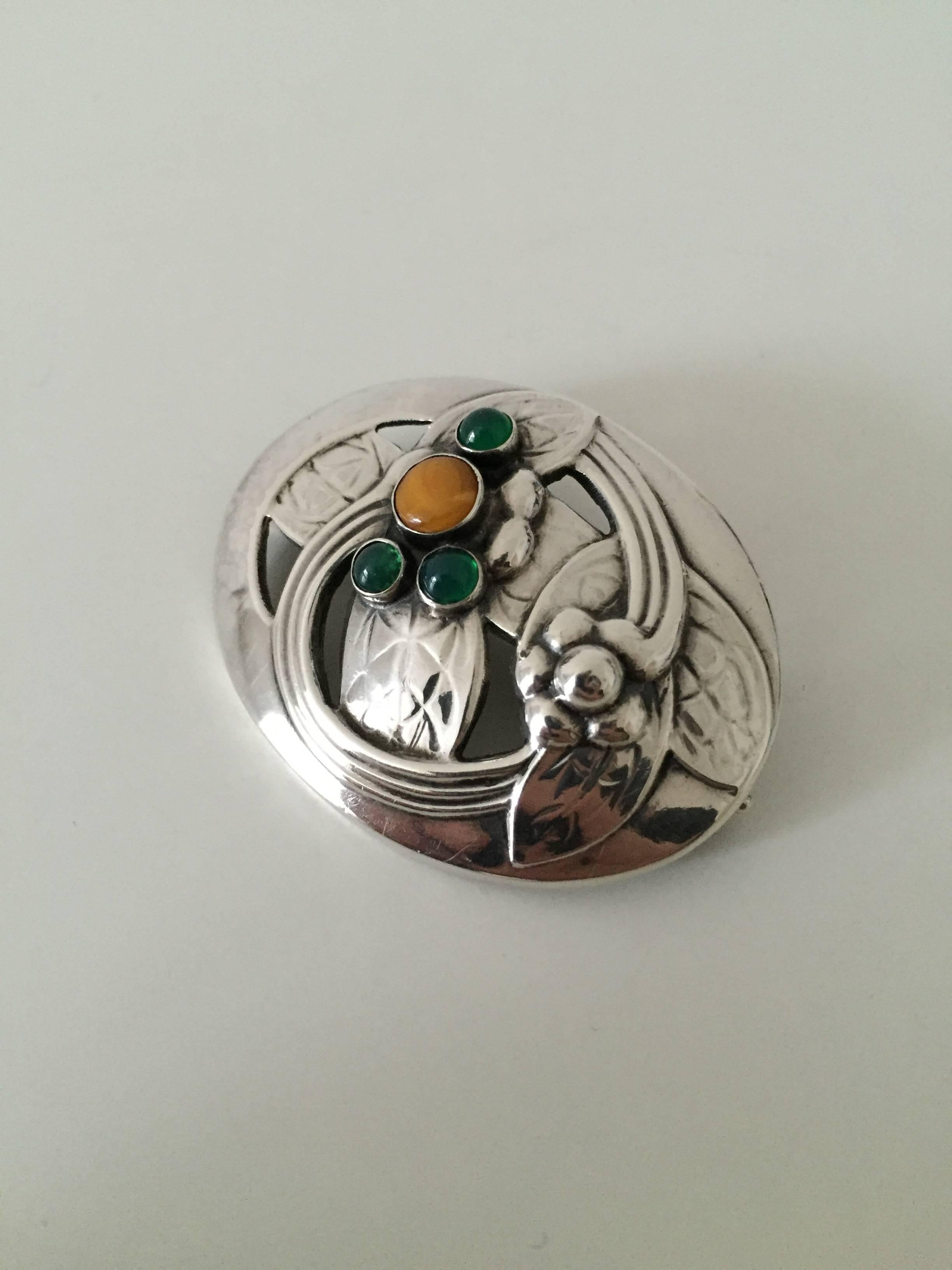 Danish Georg Jensen Sterling Silver Brooch with Amber and Green Stones