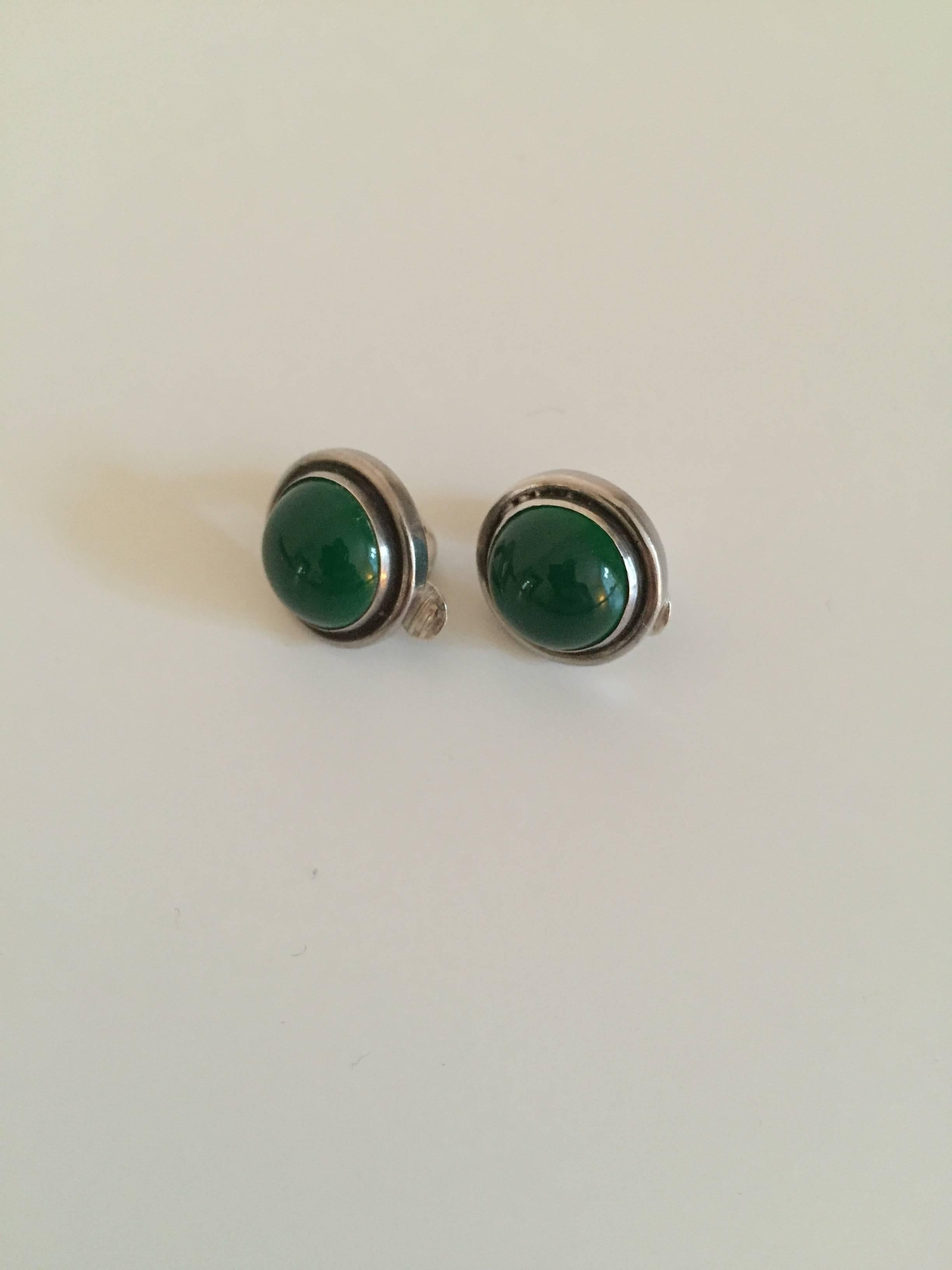 Danish Georg Jensen Sterling Silver Earclips with Green Agate For Sale
