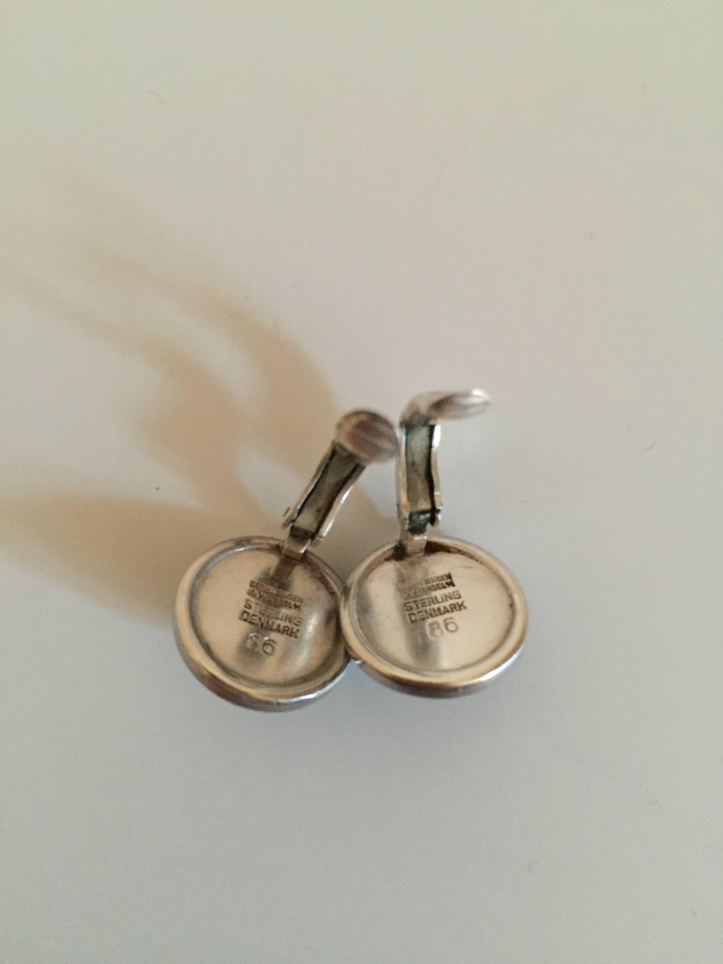 20th Century Georg Jensen Sterling Silver Earclips with Green Agate For Sale