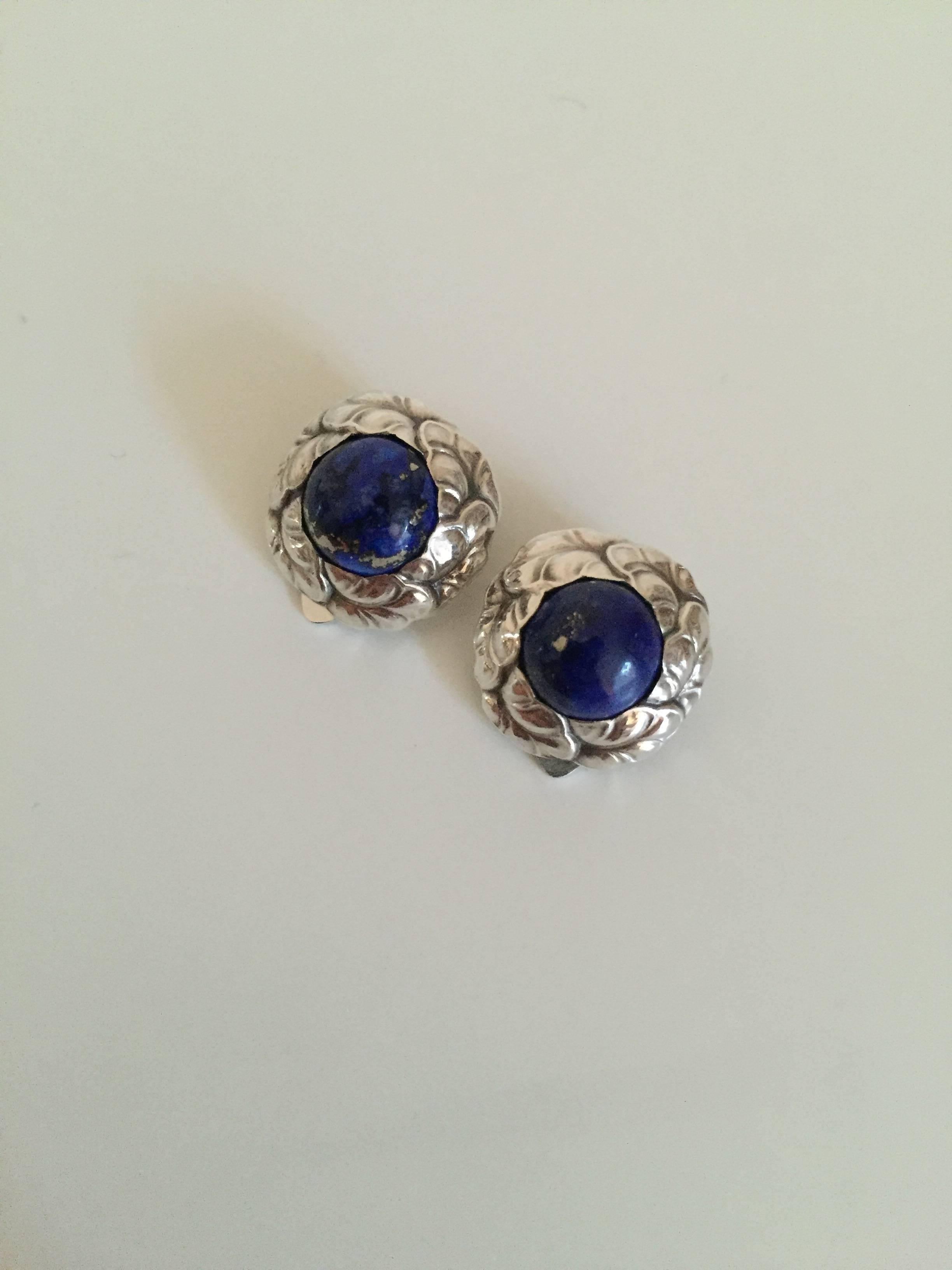 20th Century Georg Jensen Sterling Silver Earclips #74 with Lapis Lazuli