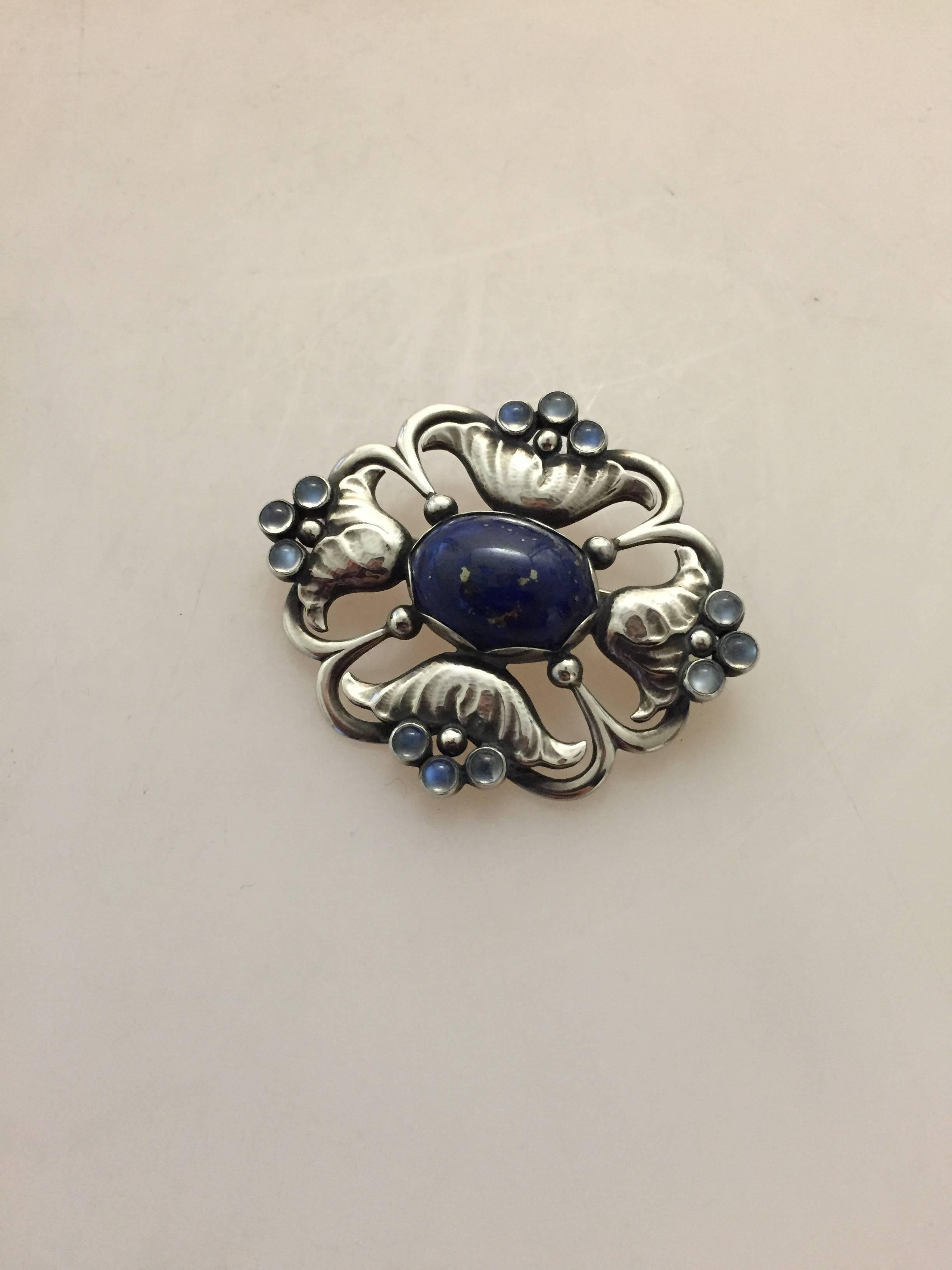 Danish Georg Jensen Sterling Silver Brooch with Lapis Lazuli and Moonstones #173