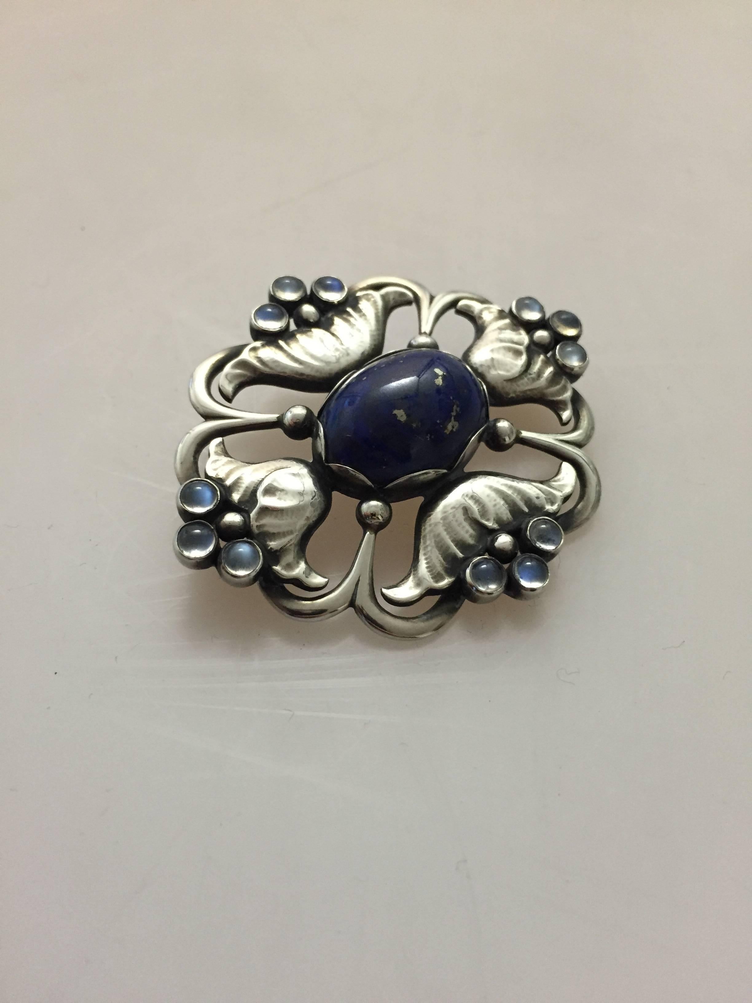 Georg Jensen Sterling Silver Brooch with Lapis Lazuli and Moonstones #173 In Good Condition In Copenhagen, DK