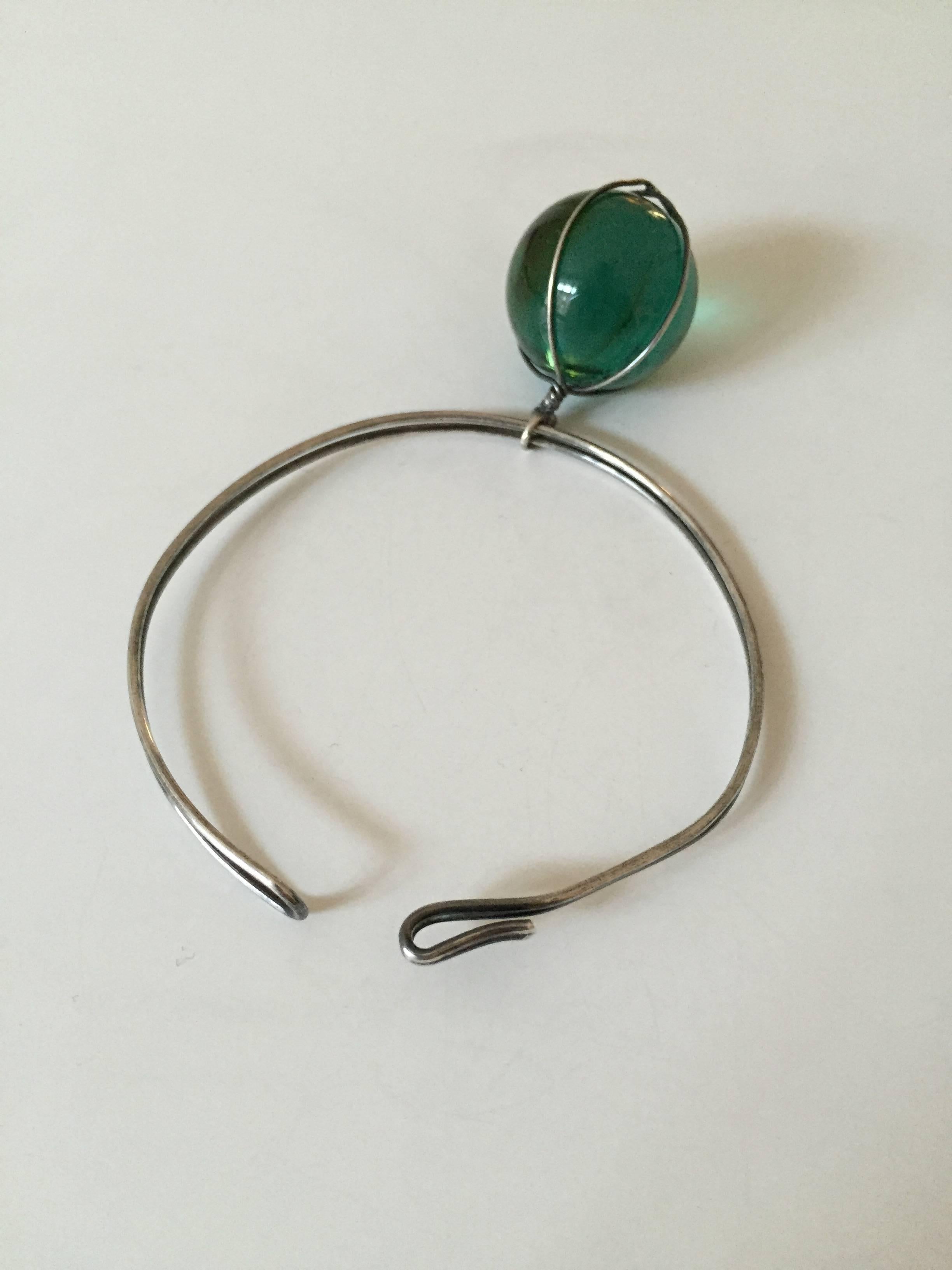 20th Century Bent Knudsen Danish Sterling Silver Bracelet with Green Glass Pendant