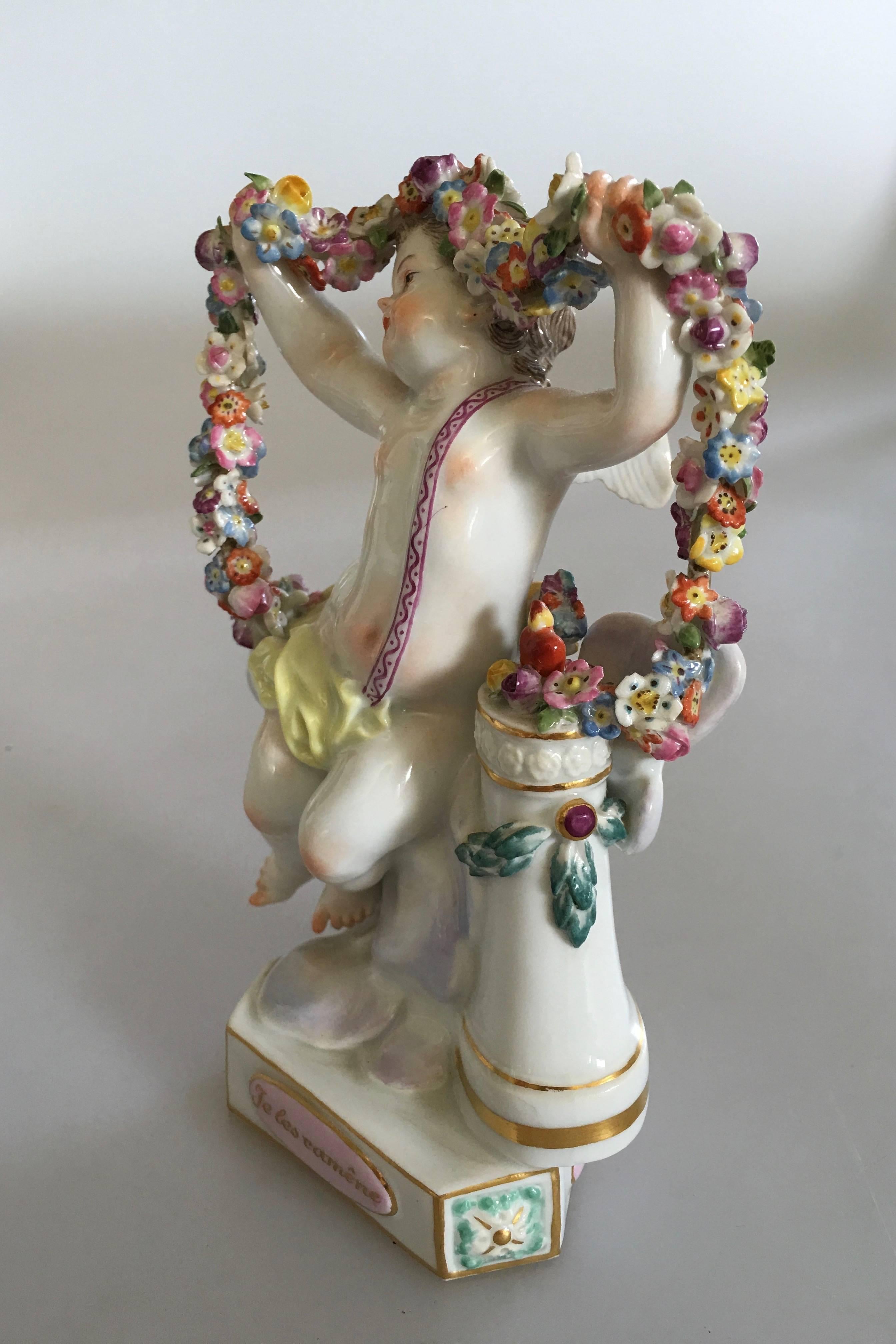 German Meisen Figurine of Winged Putti Holding a Floral Wine 