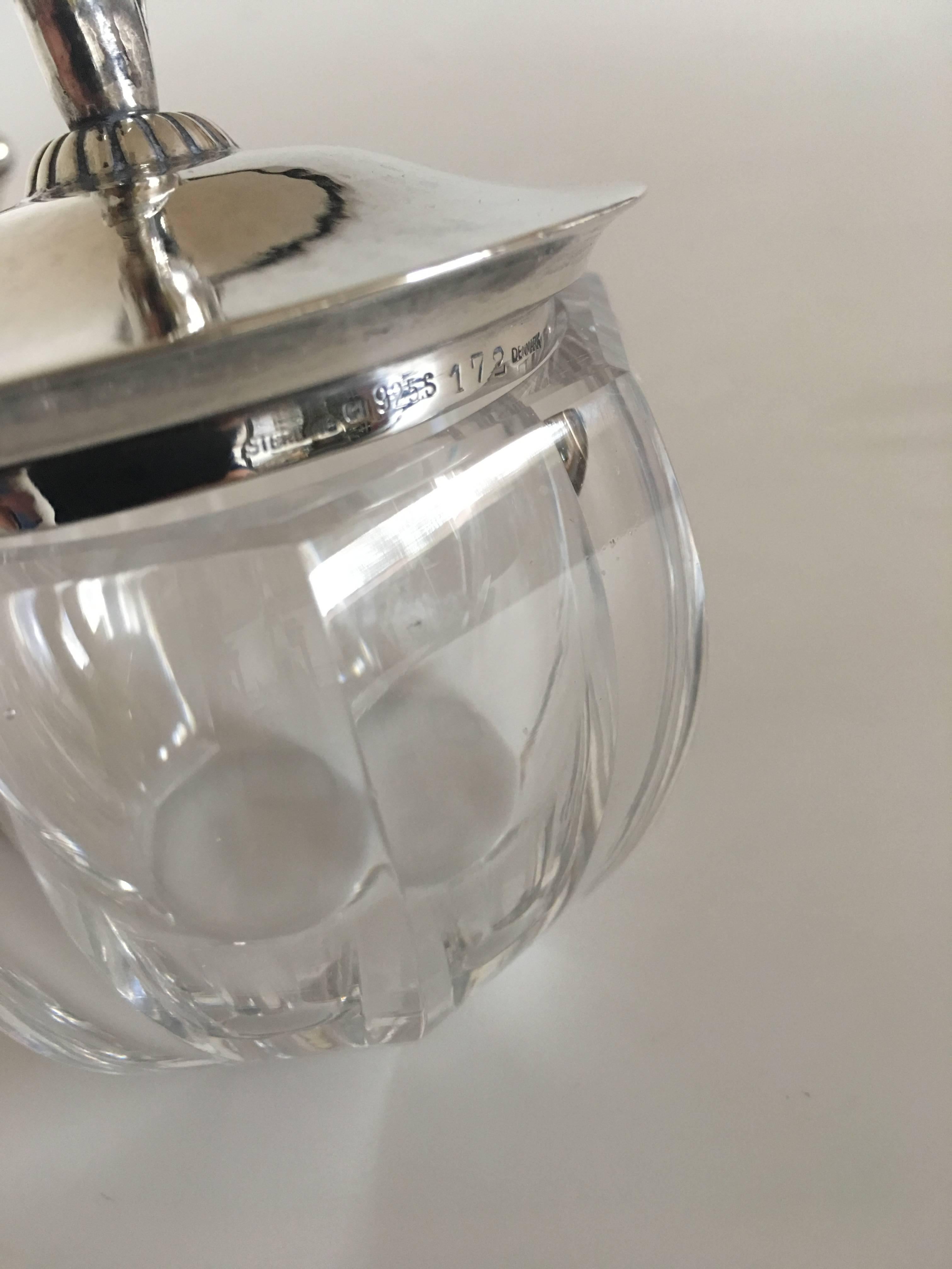 Art Deco Georg Jensen Body Powder Puff #172 in Crystal Jar with Sterling Silver Lid #172
