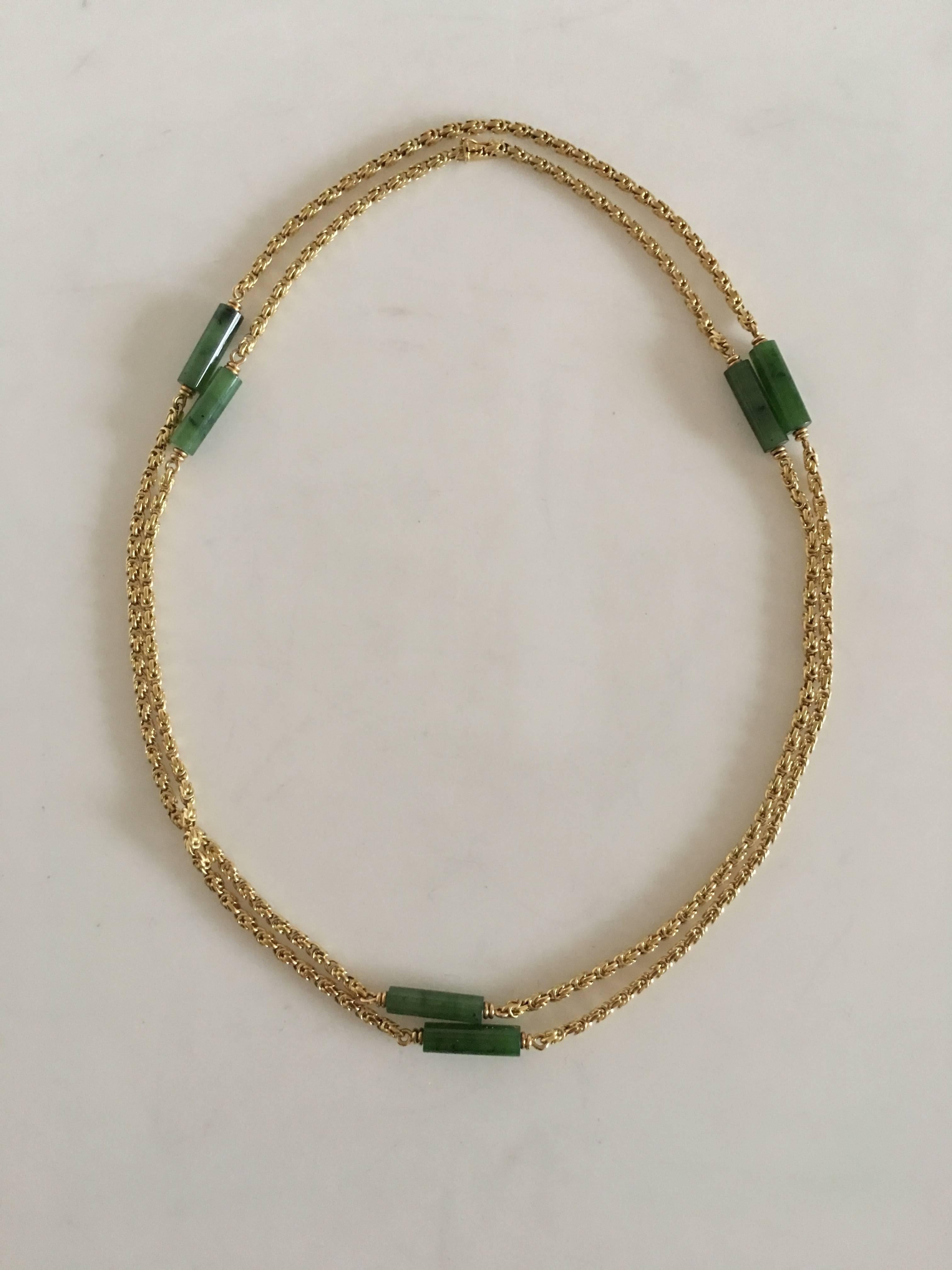 Danish Georg Jensen Gold Collier Necklace Ornamented with Six Pieces of Jade Stone