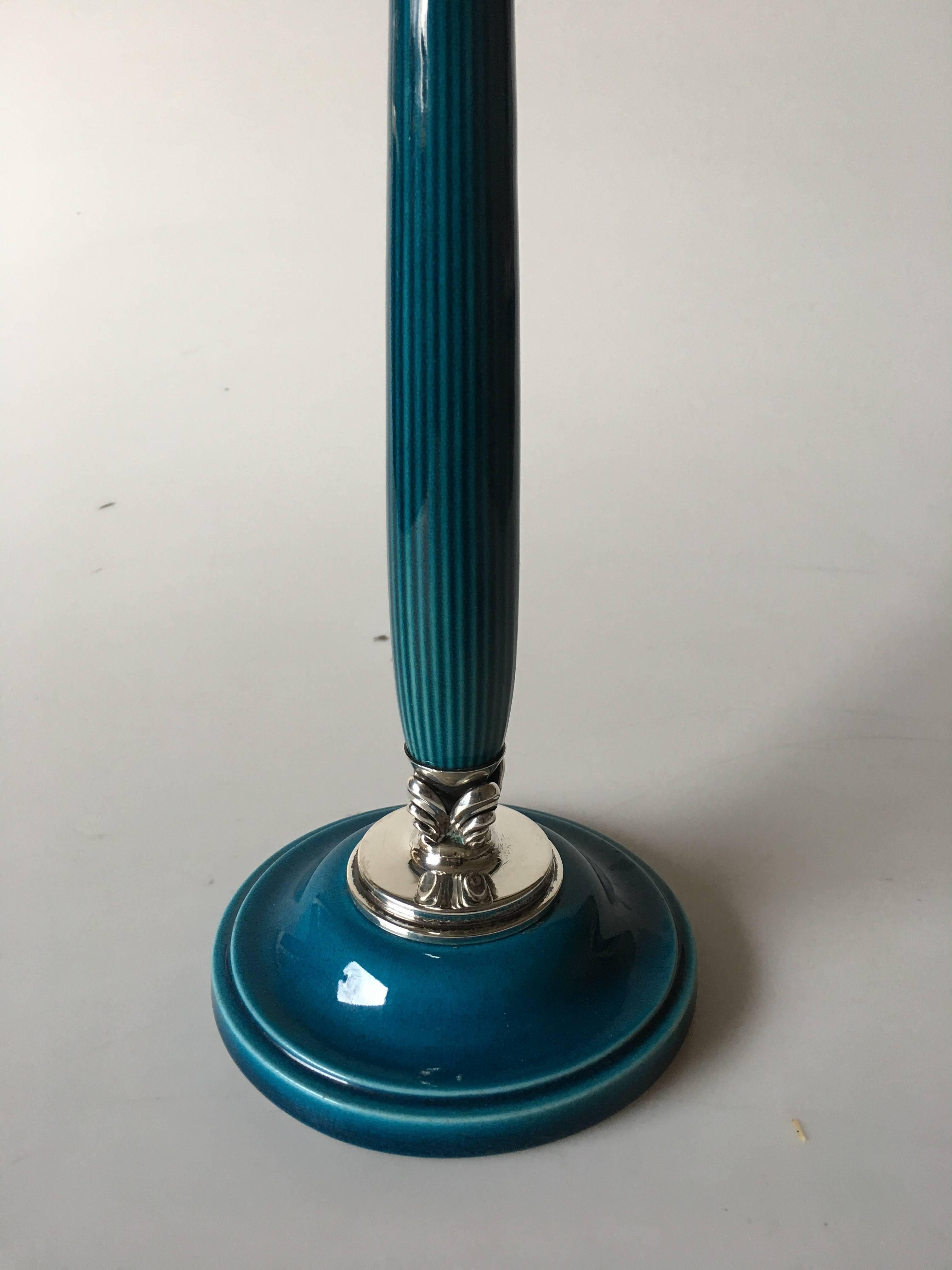 Art Deco Georg Jensen Candlestick in Sterling Silver and Porcelain #4001