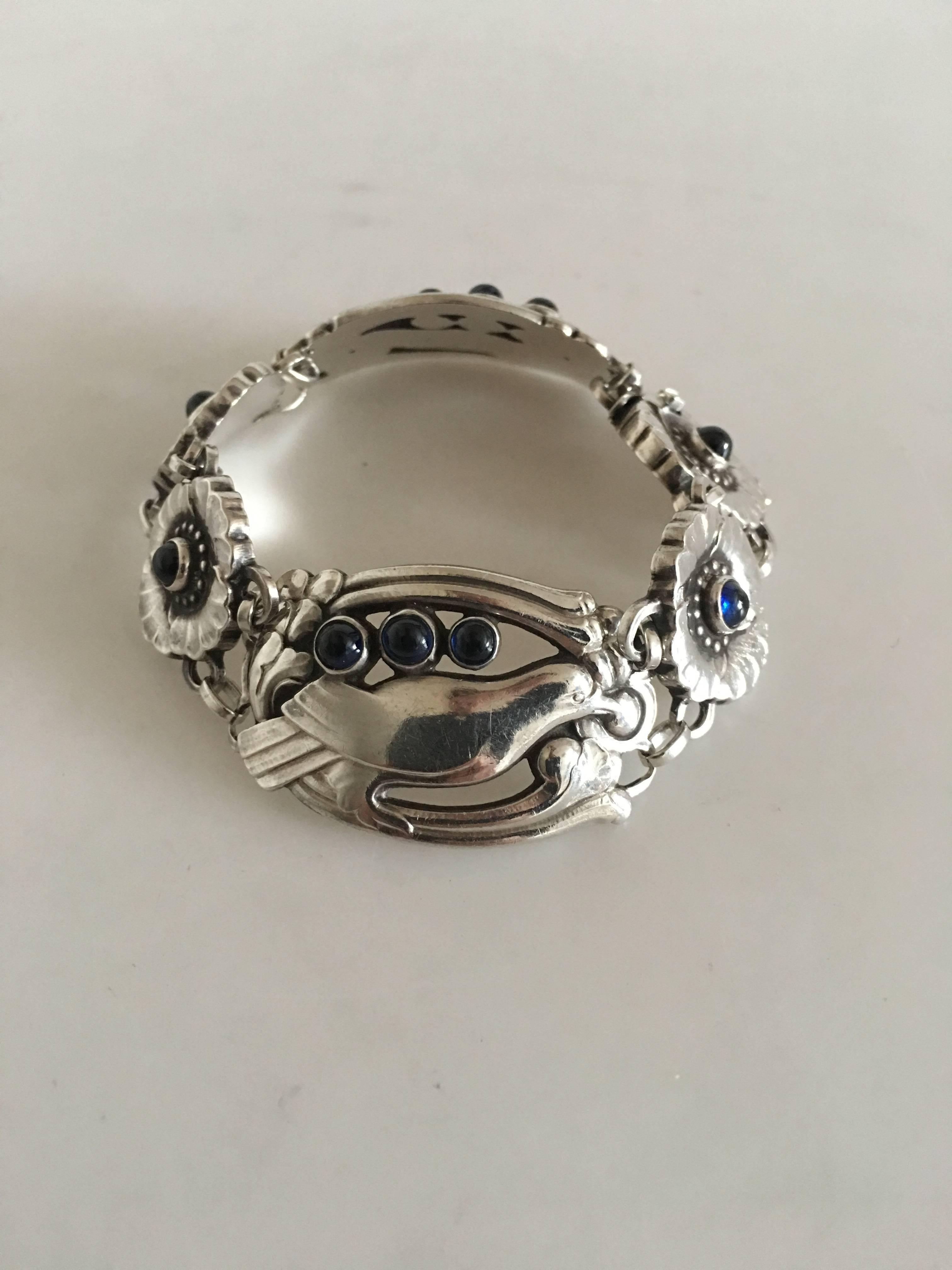 Art Nouveau Georg Jensen Sterling Silver Bracelet #23 with Birds and Ten Synthetic Sapphires