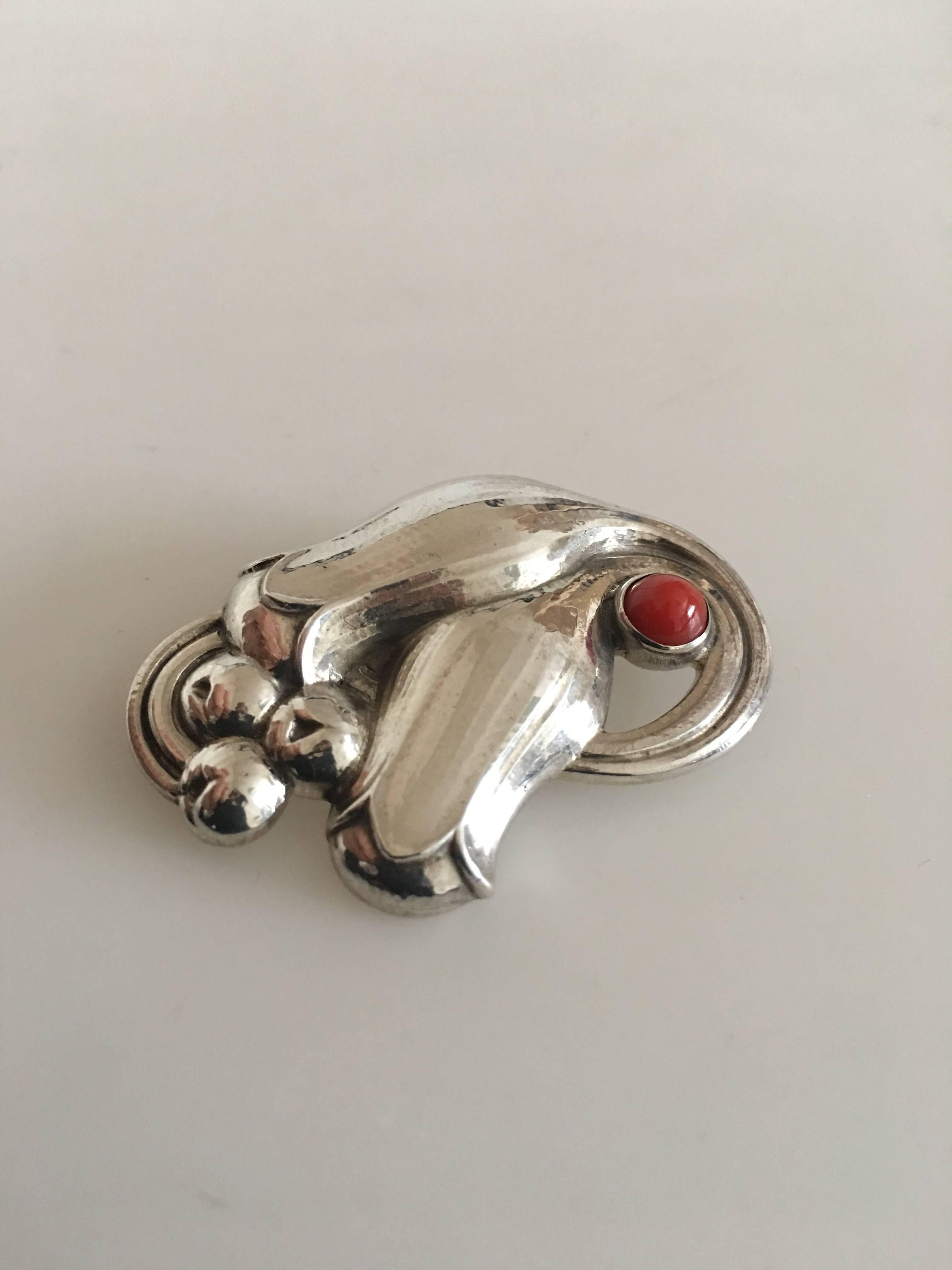 Art Nouveau Georg Jensen Sterling Silver Tulip Brooch #100B with Coral