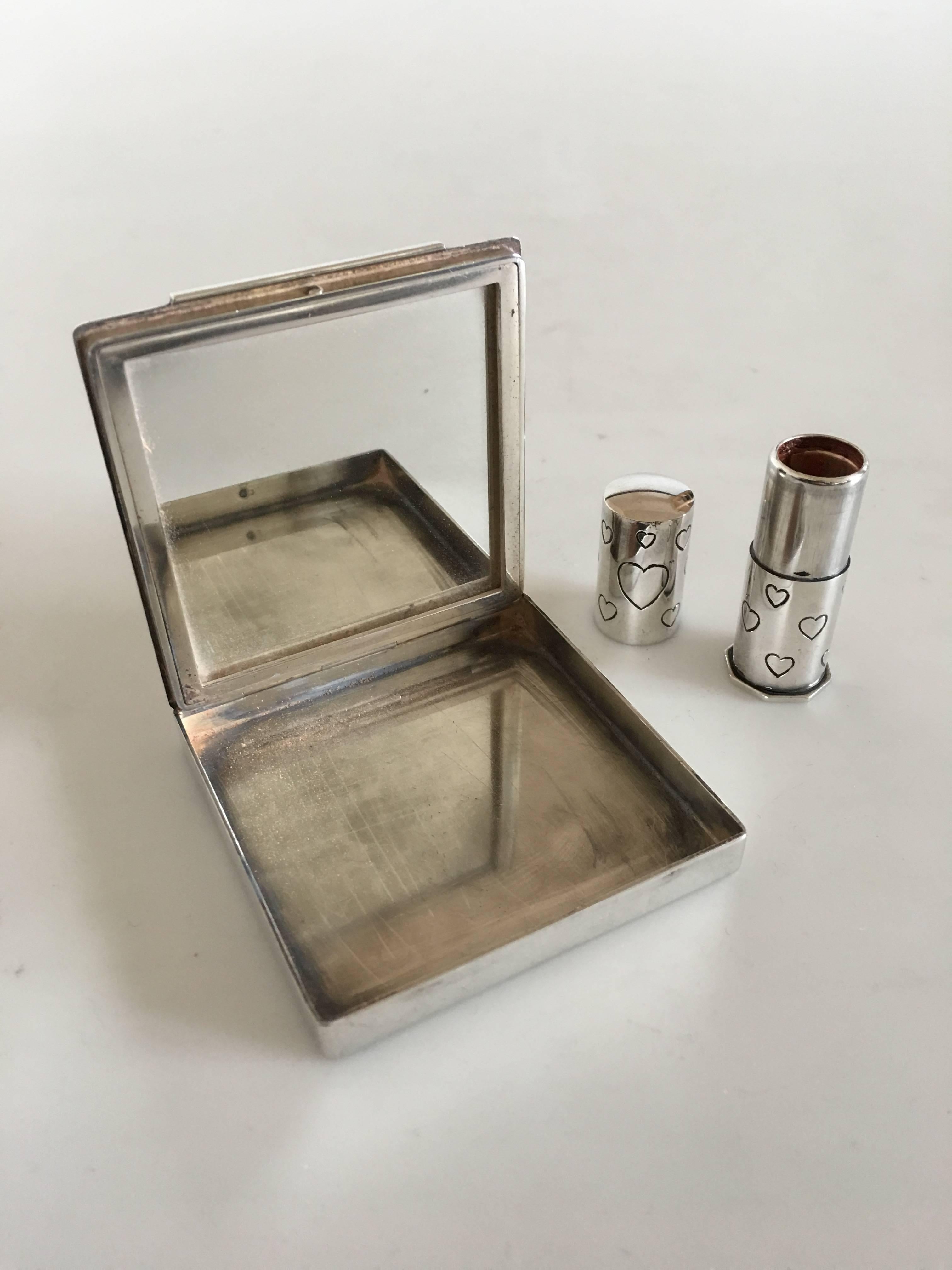 Danish Powder and Mirror Case and Lipstick Case in Silver Ornamented with Hearts