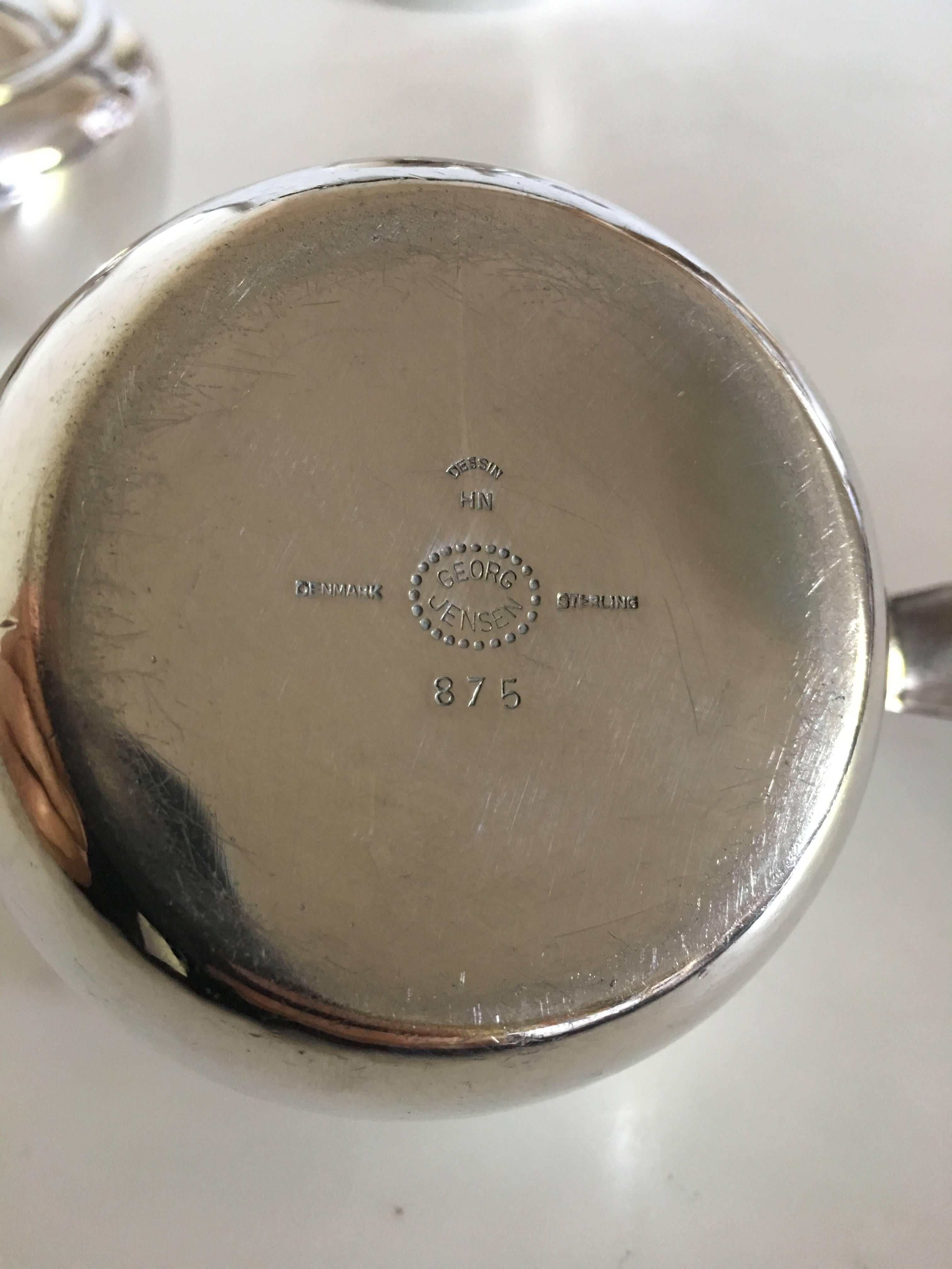 Art Deco Georg Jensen Sterling Silver Coffee Pot, Creamer, Sukker Bowl #875 For Sale