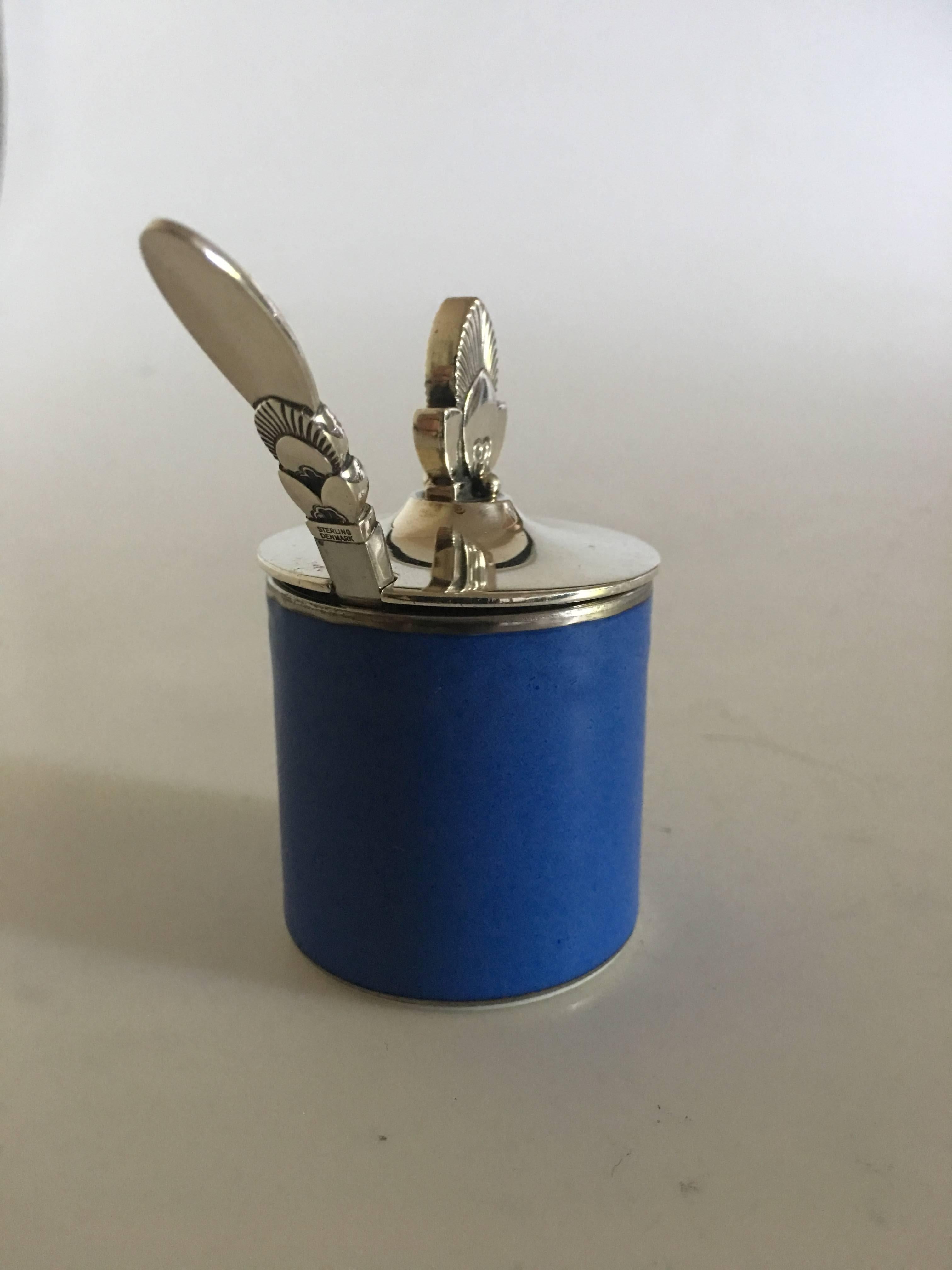 Georg Jensen / Royal Copenhagen mustard jar no. 8073 with cactus lid no. 815C and cactus mustard spoon. Jar measures 4.5 cm H. Lid measures 4.5 cm diameter. Combined weight of lid and spoon is 37 grams. Manufactured after 1945.