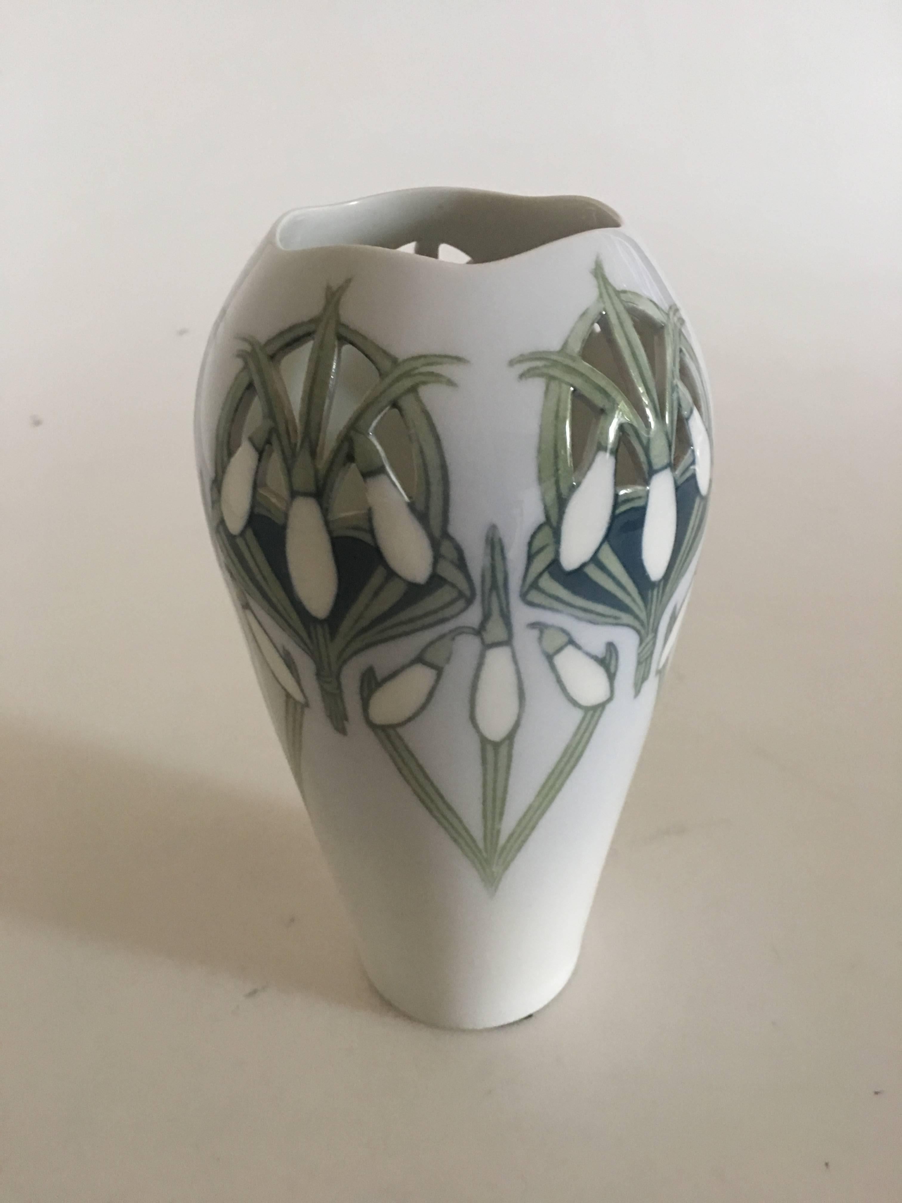 Danish Royal Copenhagen Art Nouveau Vase Pierced and with Motif of a Snowdrop