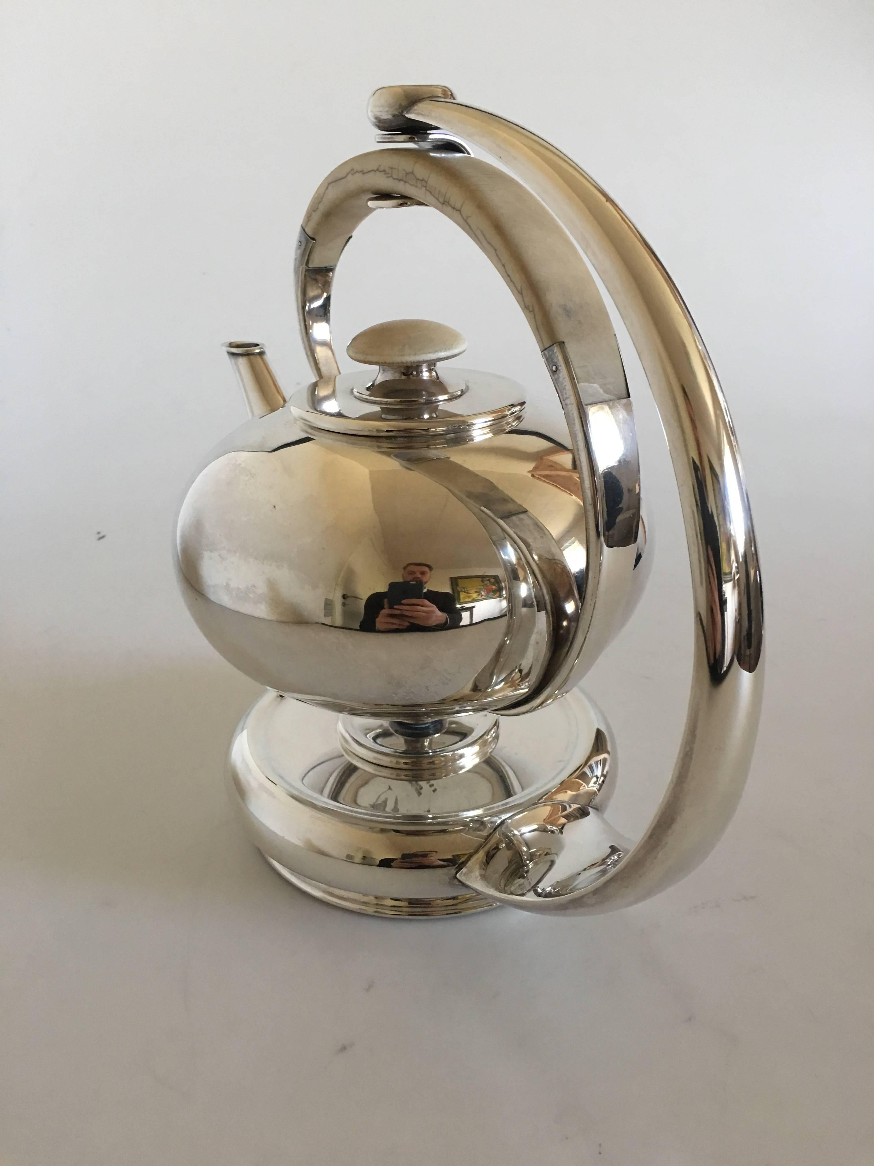 Mid-Century Modern F Hingelberg Sterling Silver Teapot with Bone Handle and Matching Heating Stand