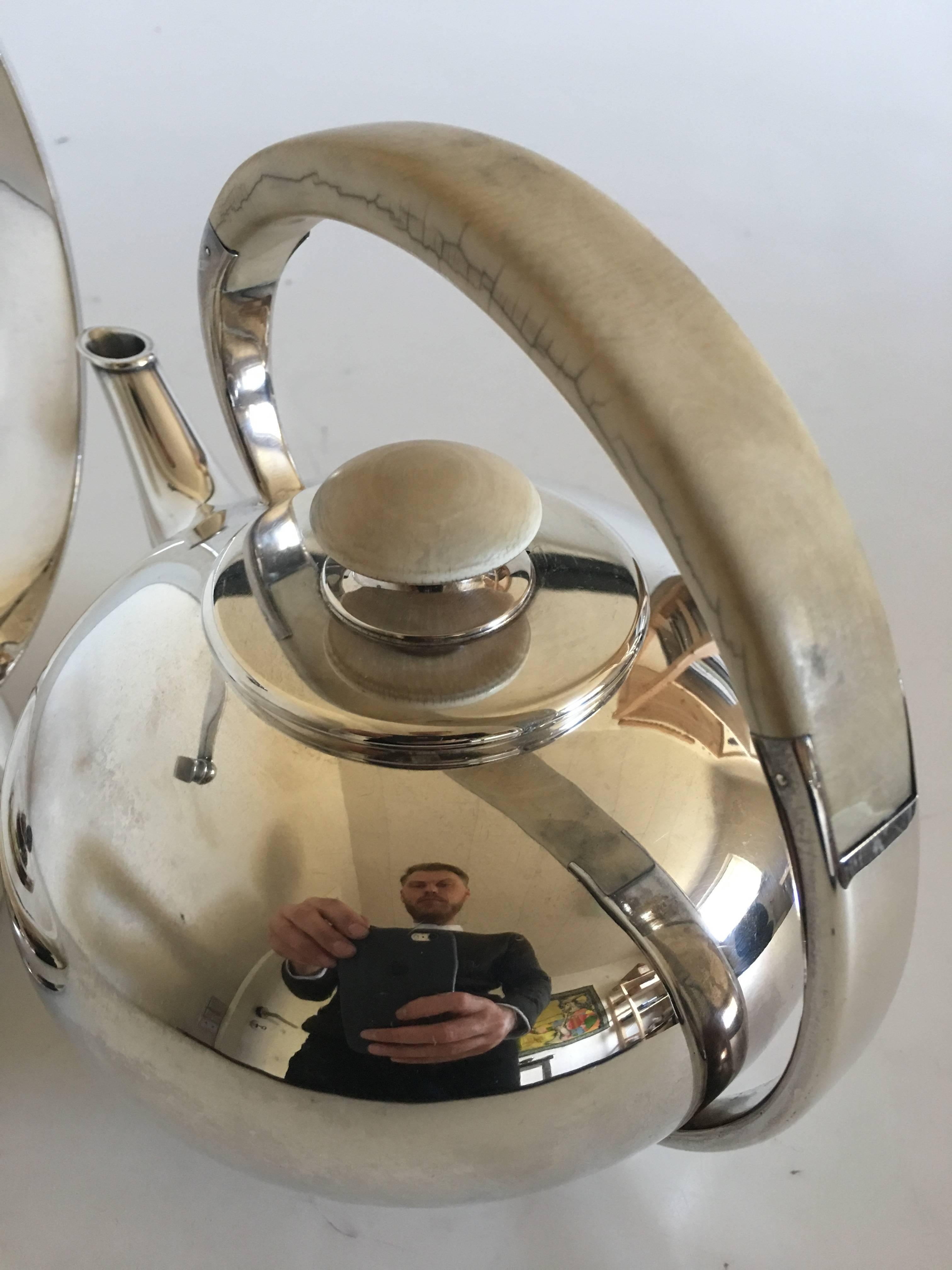 Hand-Crafted F Hingelberg Sterling Silver Teapot with Bone Handle and Matching Heating Stand