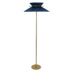 Daisy Standing Lamp in Brass, sky Silk and silvered Glass necklace Handmade