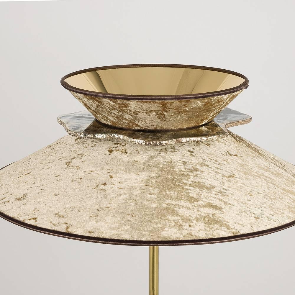 Italian  Daisy contemporary Floor Lamp Velvet gold pvc , silvered Glass necklace, brass