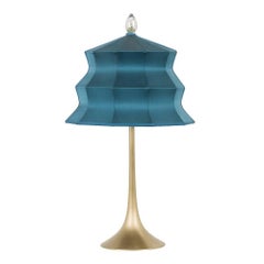 “Pagoda” Table Lamp in brass and sky Silk Silver Crystal Tip, Handmade tuscany