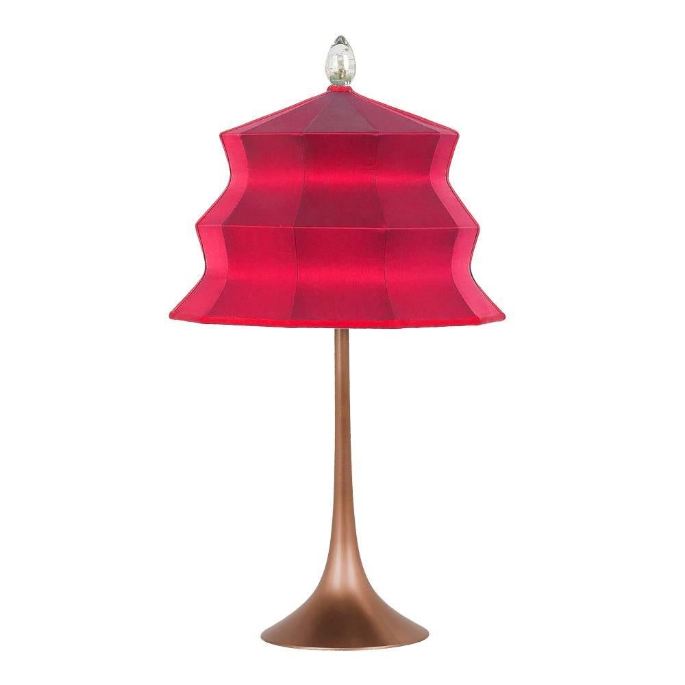  “Pagoda” Table Lamp, in copper  and rose Silk, Silver Crystal Tip, Handmade