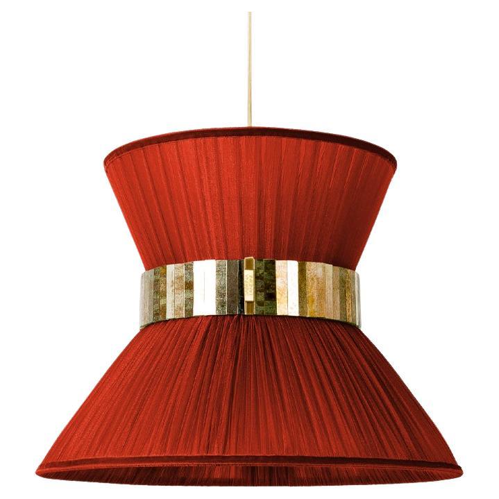 Lampe suspendue contemporaine Tiffany 30, verre de soie argenté rouge rouille, laiton en vente