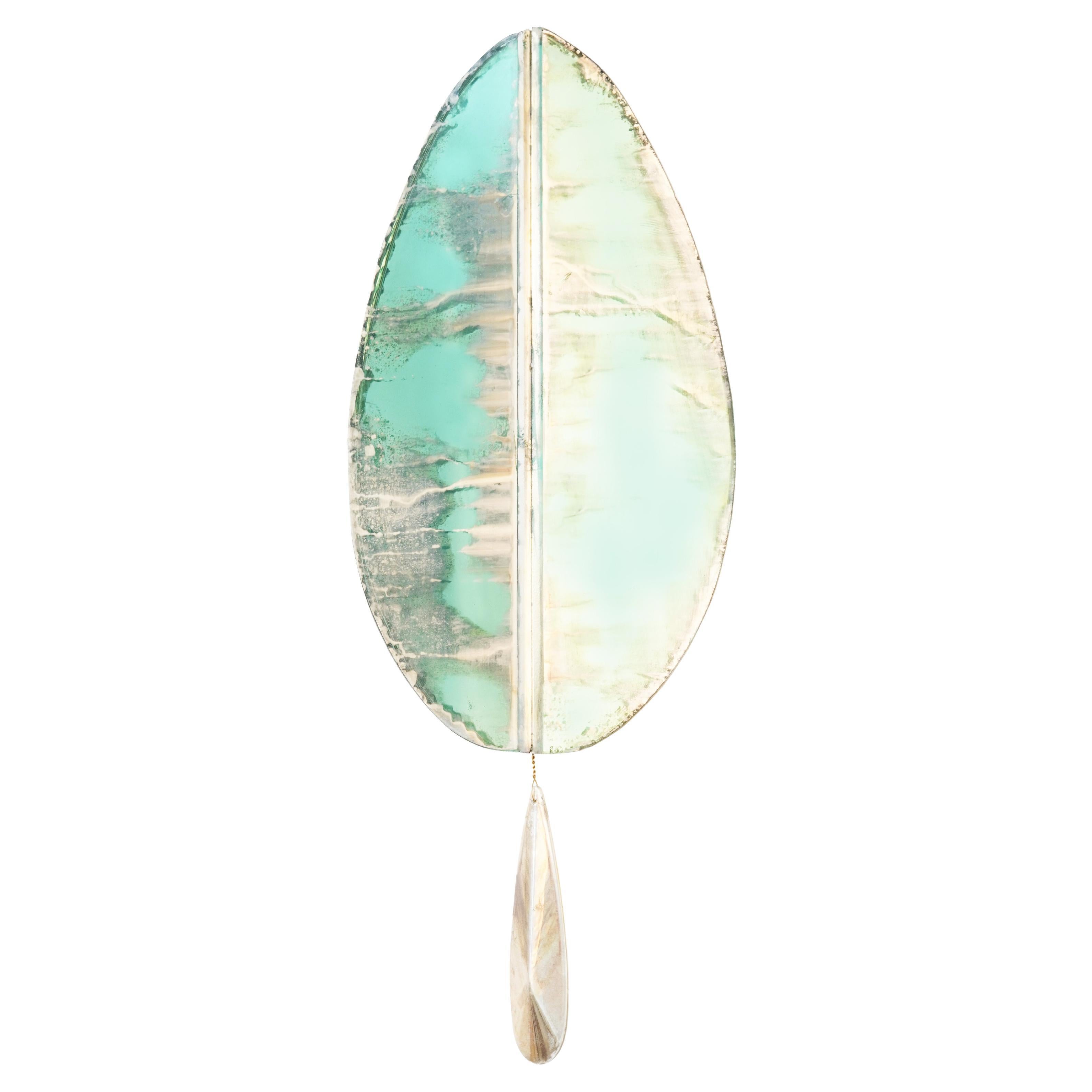 “Flame” Contemporary Wall Sconce Jade Silvered art Glass, Brass, crystal drop For Sale