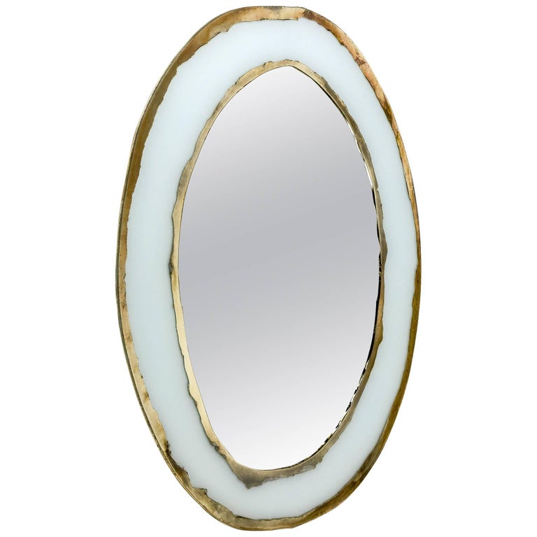 Life Mirror, Art Glass Silvered on White, Mirror, Birch Wood Handmade, Tuscany For Sale