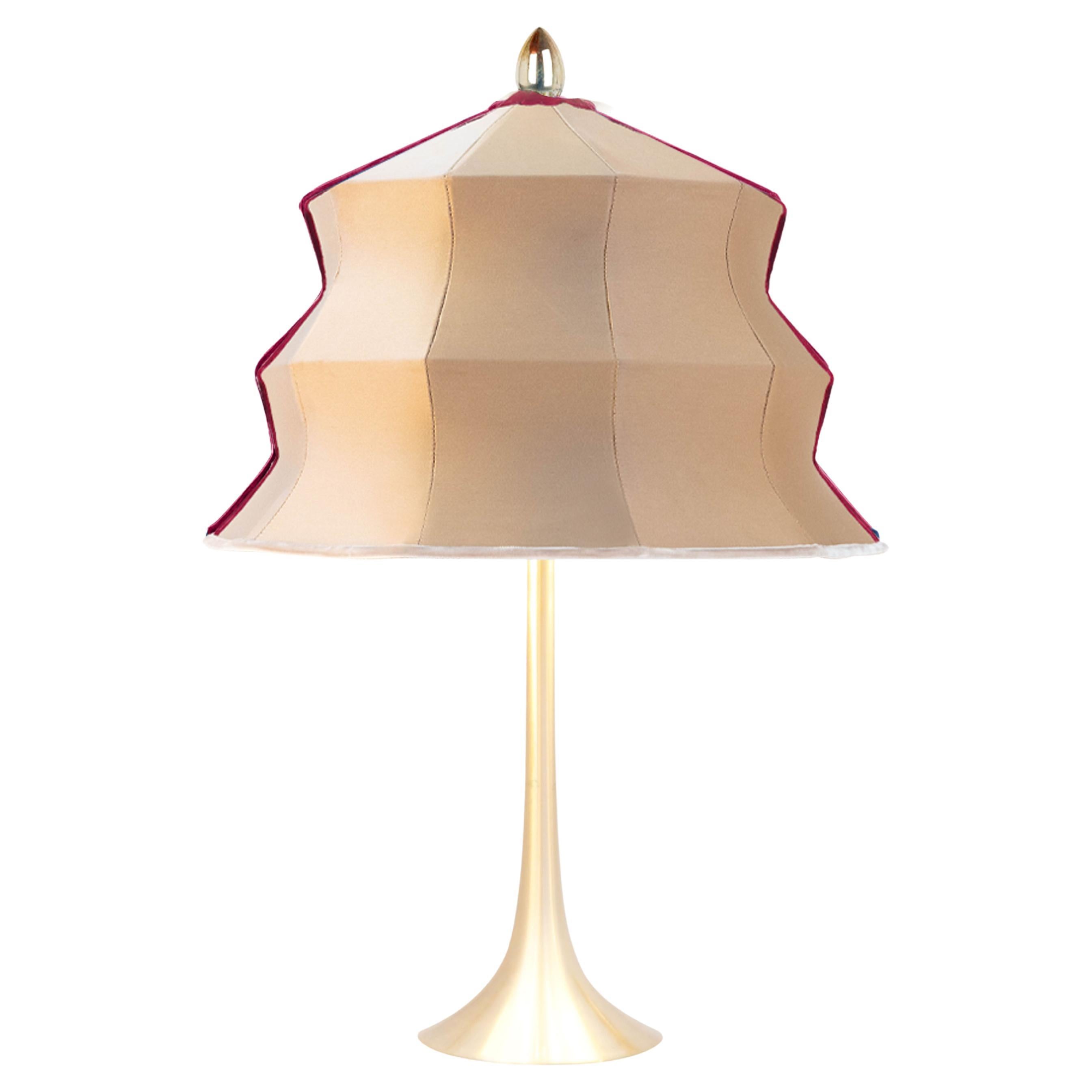 “Pagoda” contemporary Table Lamp, gold silk, Silvered Crystal Tip, brass     For Sale