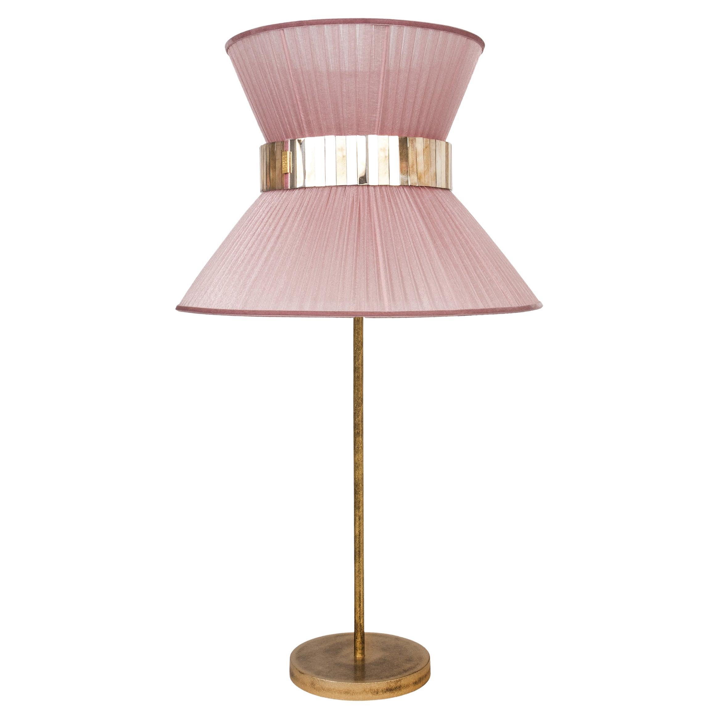 Tiffany Contemporary Table Lamp 30, Blush Silk Antiqued Brass, Silvered Glass