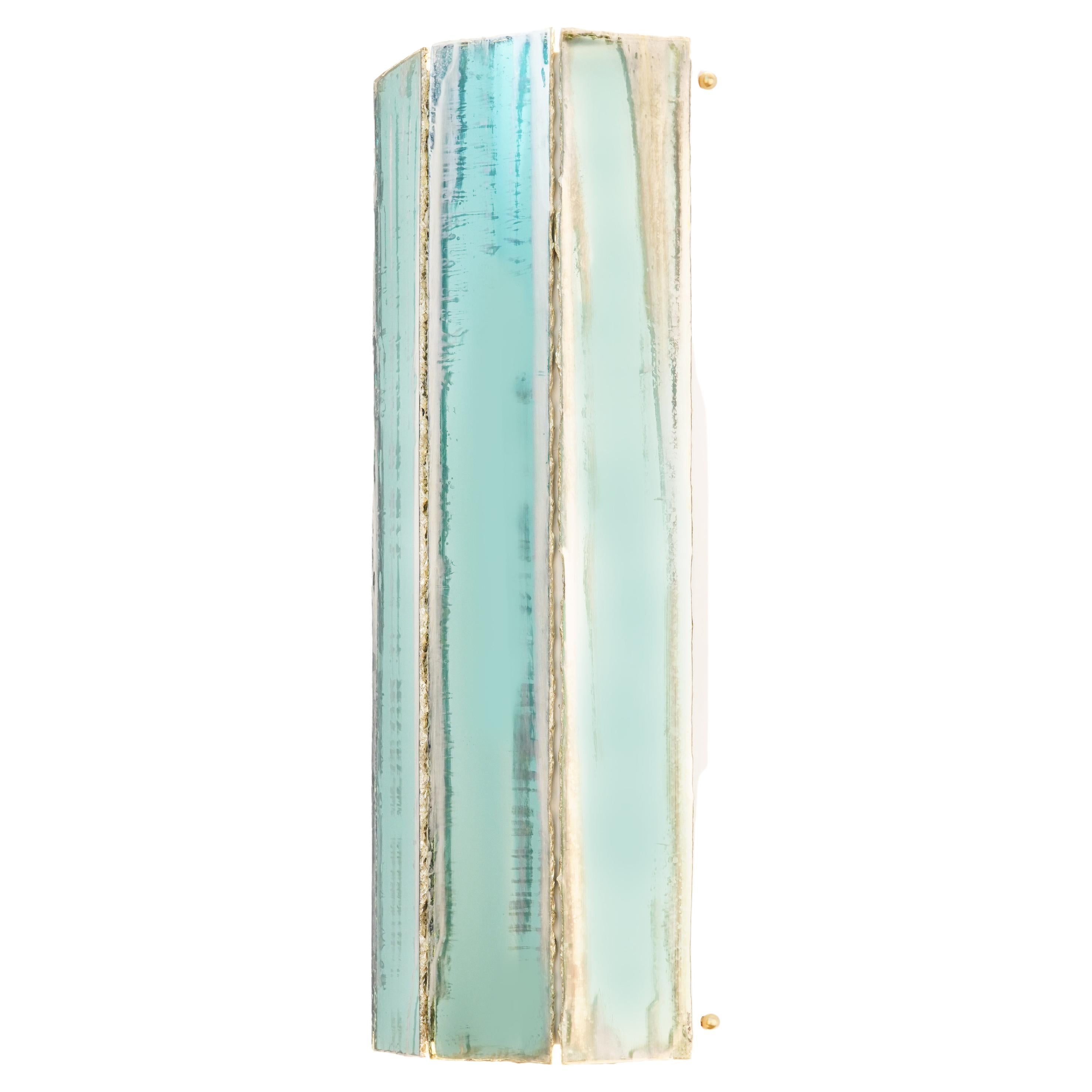 "Trilogy" Contemporary Wall lamp, Jade Silvered art Glass, brass For Sale