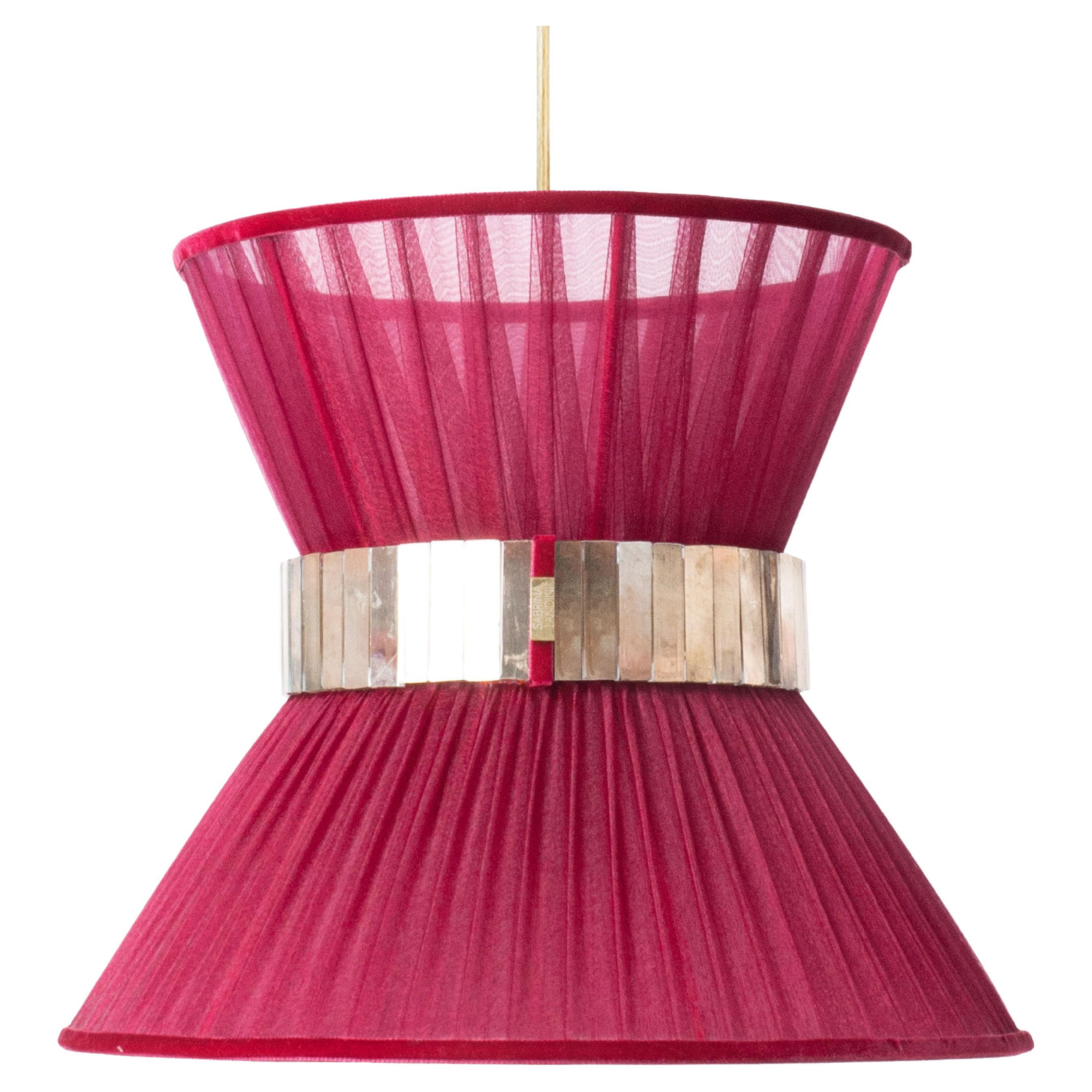 Lampe suspendue contemporaine Tiffany 30, soie rubis, verre argenté, laiton