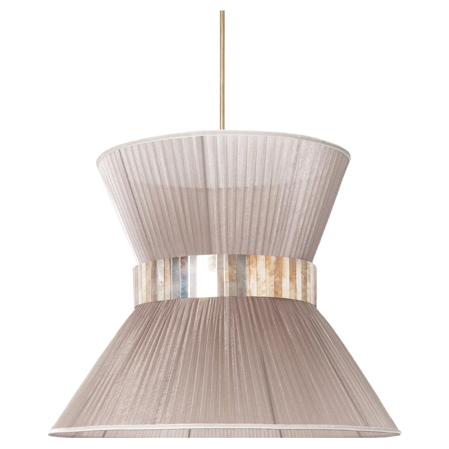 Lampe suspendue contemporaine Tiffany 30, soie champagne, verre argenté, laiton