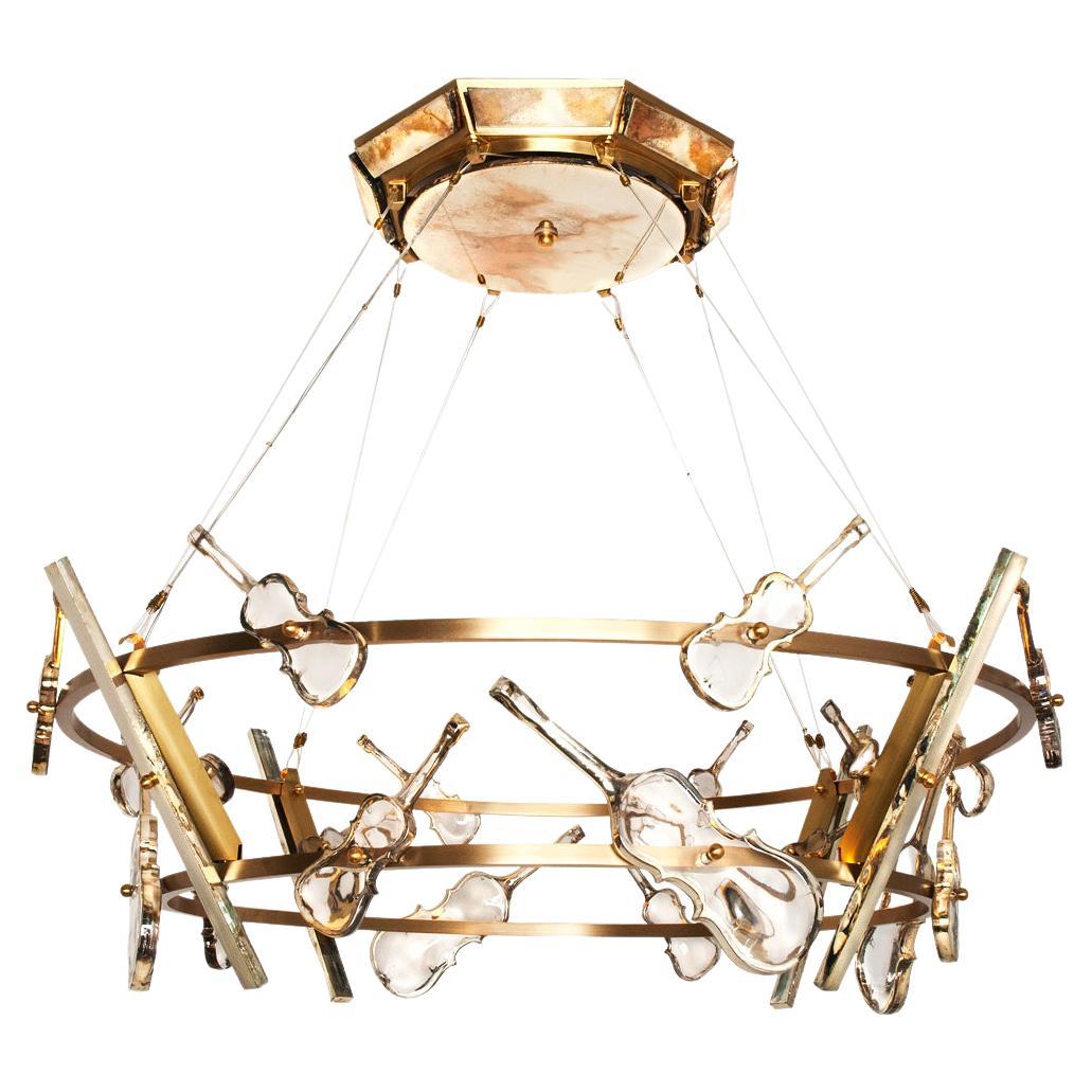 Simphony, Opera Chandelier Pendant Lamp, Brass, Silvered Crystal Violins Cellos For Sale